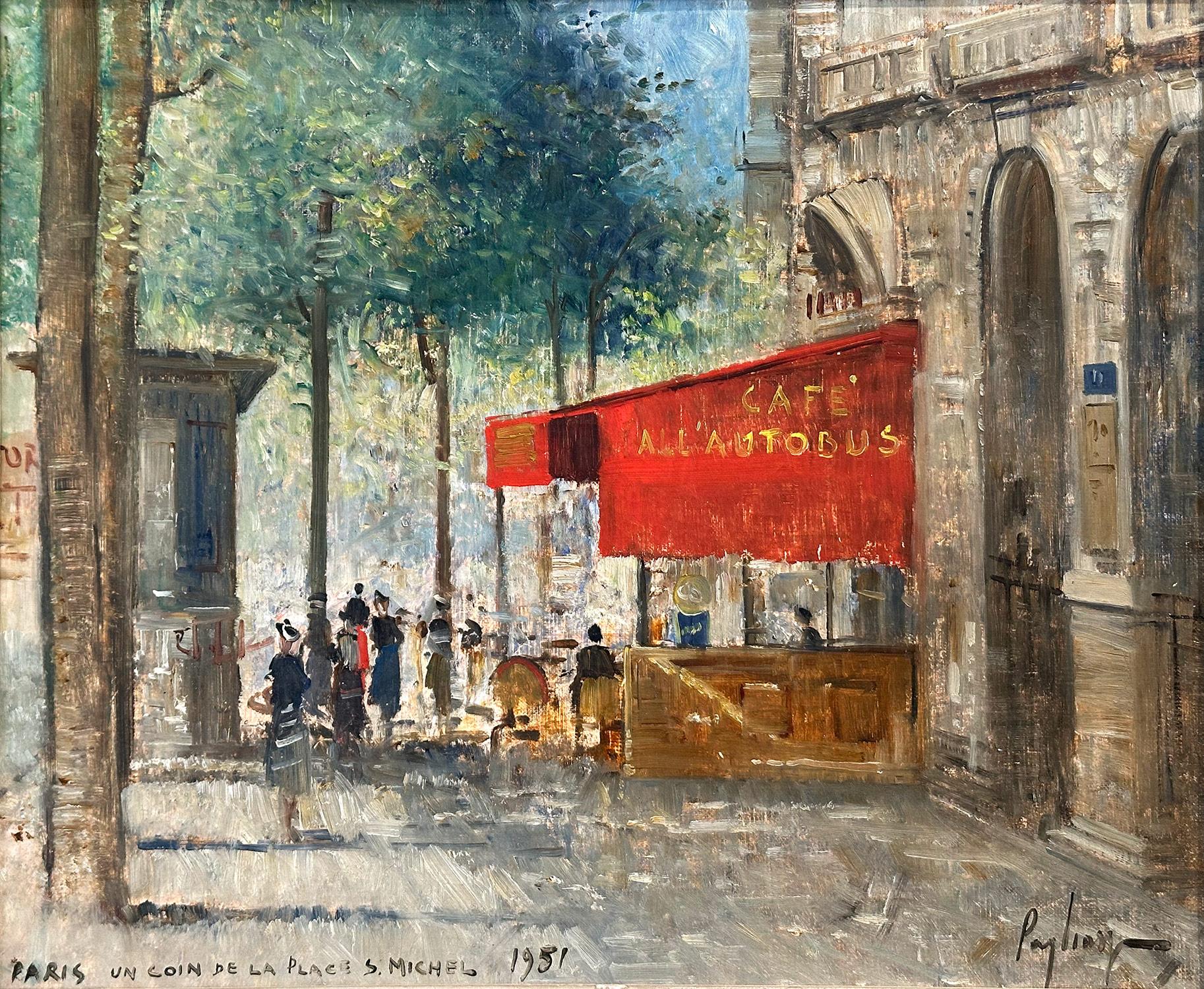 « Paris, Un Coin De La Place St. Michel » Peinture à l'huile impressionniste sur toile - Painting de  Francesco Pagliazzi
