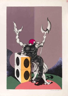 Surreal Encounter with Masked Figures - Lithograph by Francesco P. D. N. - 1980s