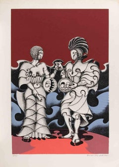 Surreal Encounter with Masked Figures - Lithograph by Francesco P. D. N. - 1980s