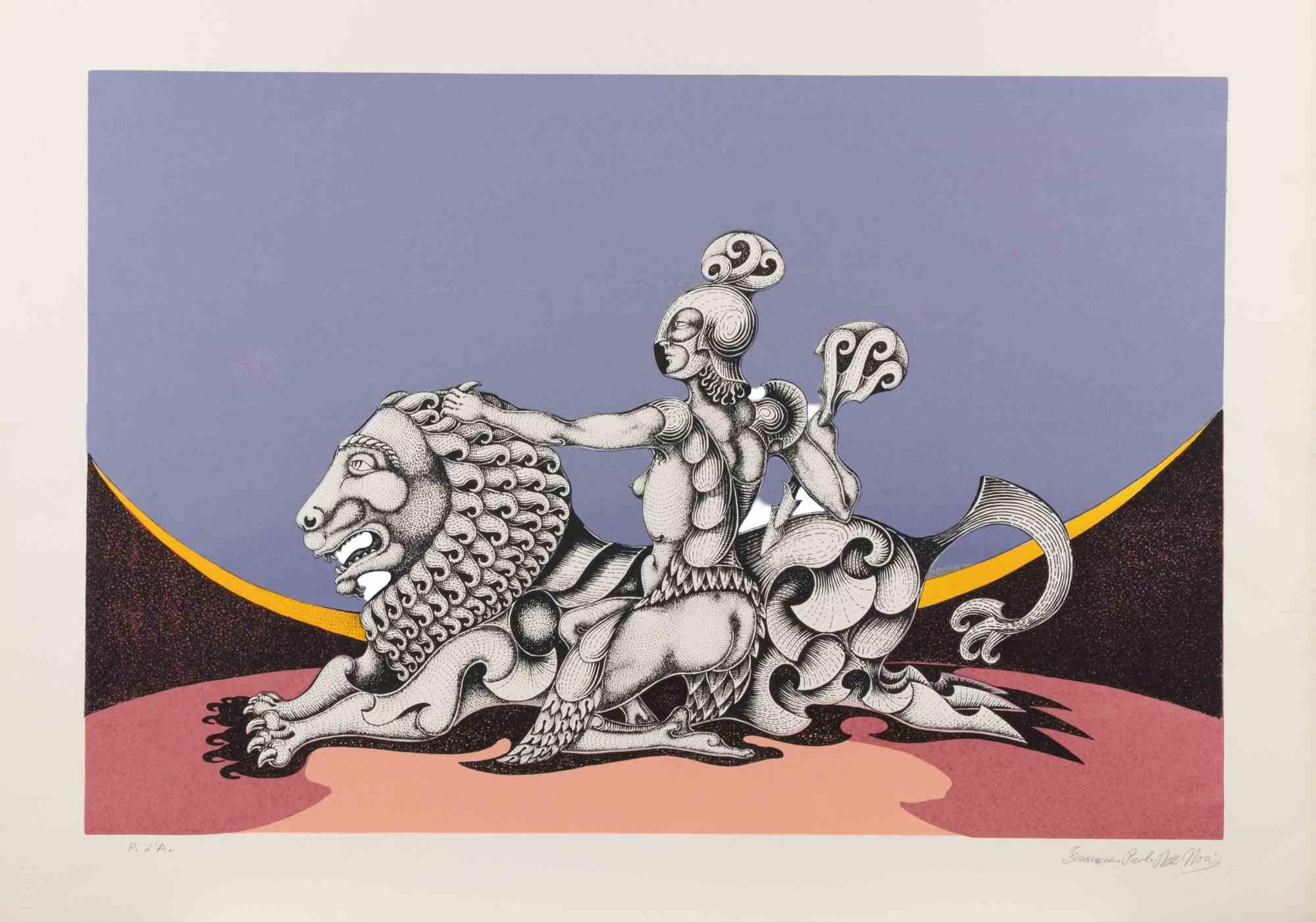 Mythological Figure on Lion - Screenprint by Francesco P. D. Noci - 1980s