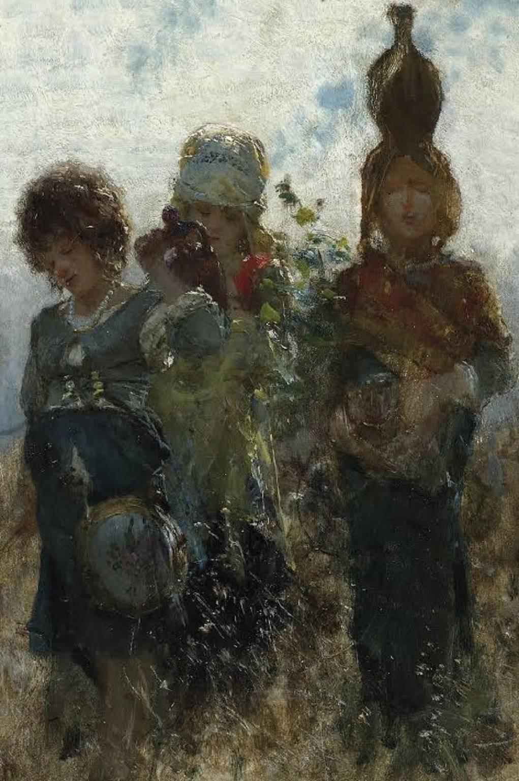 Going to market by Michetti, 19th Century. Impressionism Figurative Painting - Black Portrait Painting by Francesco Paolo Michetti