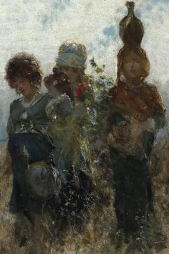 Going to market by Michetti, 19th Century. Impressionism Figurative Painting