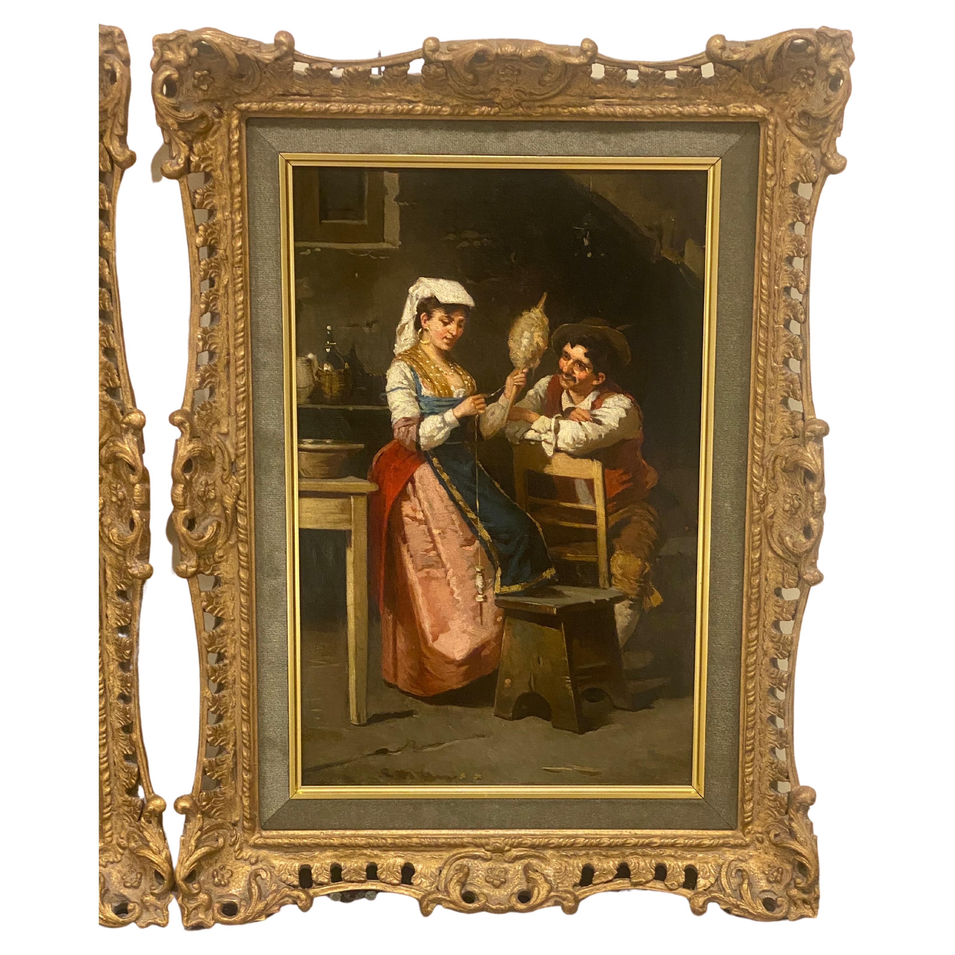 Francesco Peluso (Italian, 1836-1916) a superb pair of Italian 19th-20th century oil on canvas paintings. Pair of Works: Spinning Yarn; and a Rest from Work, within a gilt wood and gesso frame. Signed: F. Peluso (l/l) Circa: 1890-1900.
Measure: