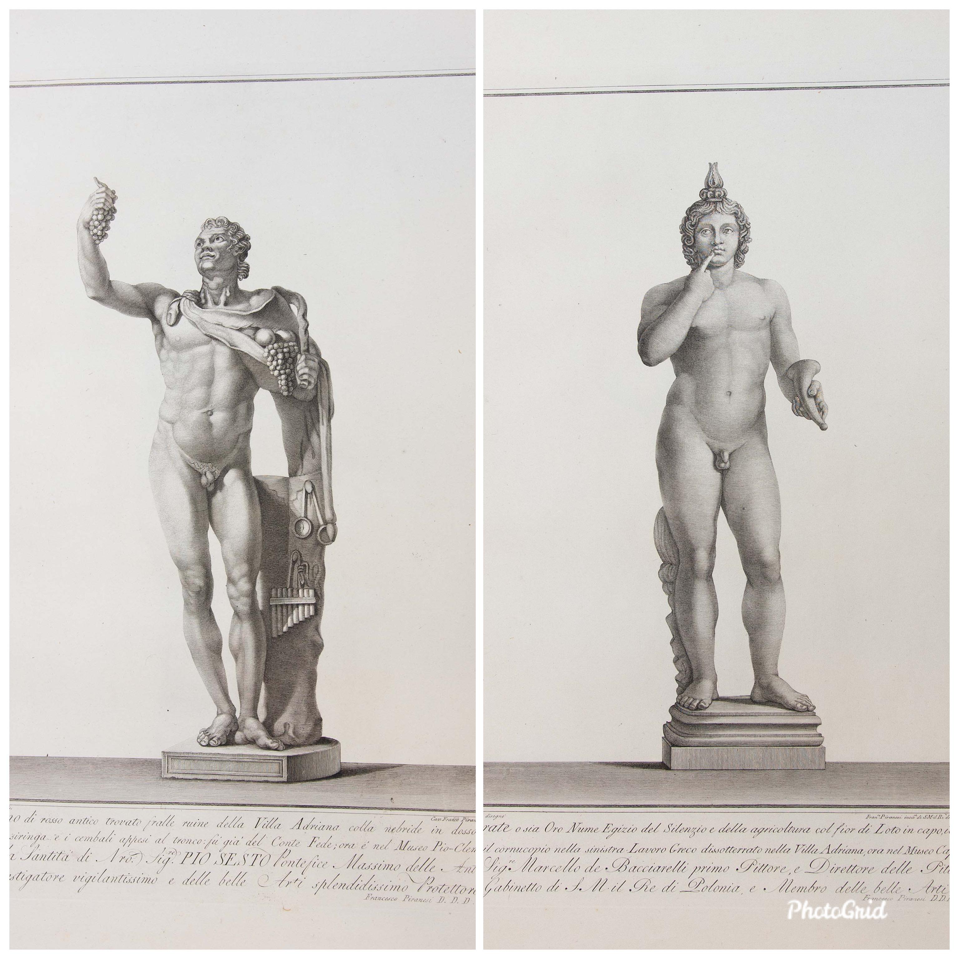 18th century grand tour collection of Francesco Piranesi engravings of Roman classical sculpture. Raccolta di Statue Antiche. Rome, Italy. Dates range from 1780-1792. 
39 Copperplate Engravings bound in an Elephant Folio on laid paper, including 4