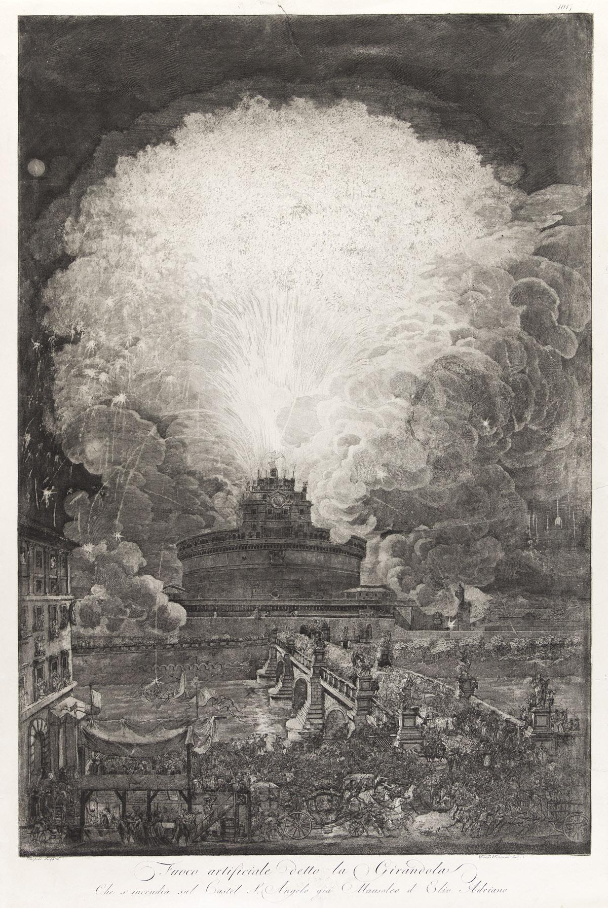 Francesco Piranesi Landscape Print - Fuoco artificiale detto la Girandola