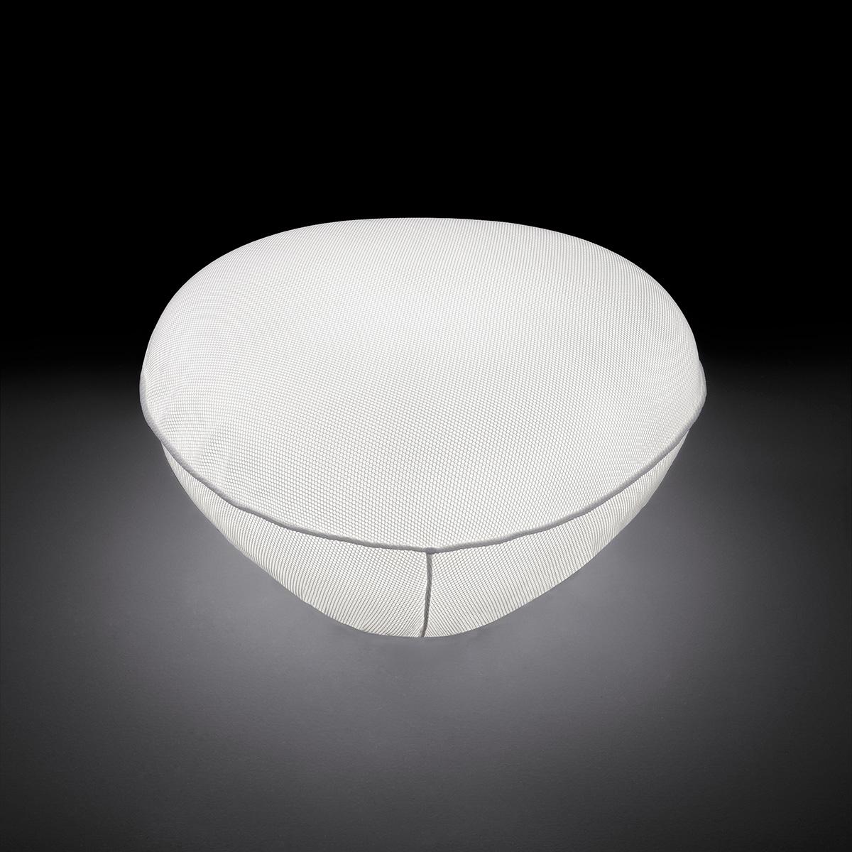 Outdoor lamp 'Pill-Low' designed by Francesco Rota in 2011. Outdoor/indoor LED lamp in white polyethylene with cover in outdoor washable fabric. To be used as seat as well. Manufactured by Oluce, Italy.

With Pill-low, Francesco Rota combines the