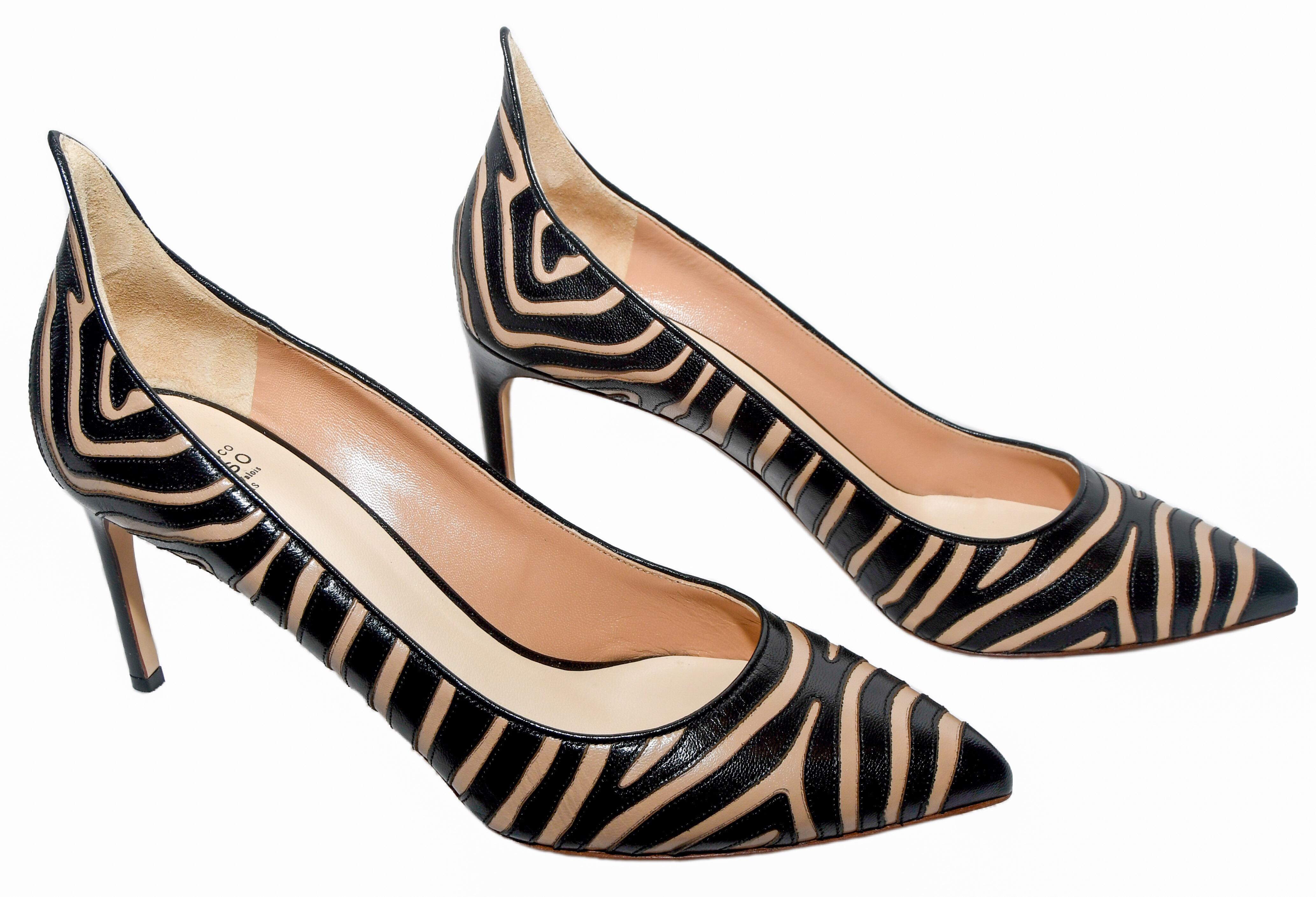 Francesco Russo black and beige leather on leather embroidered Zebra design pumps feature a pointed toe and 4