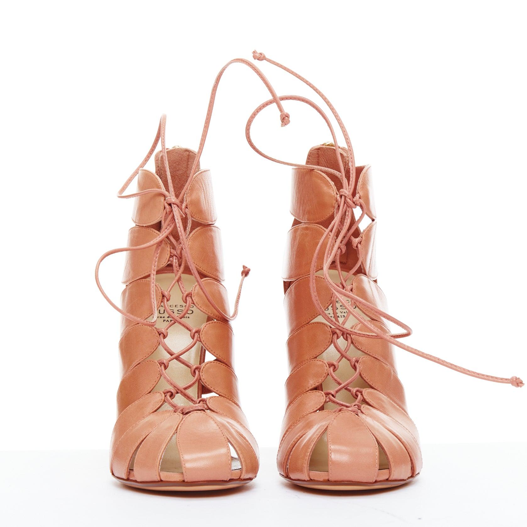 Beige FRANCESCO RUSSO nude leather lace up cut out cage sandals EU36 For Sale