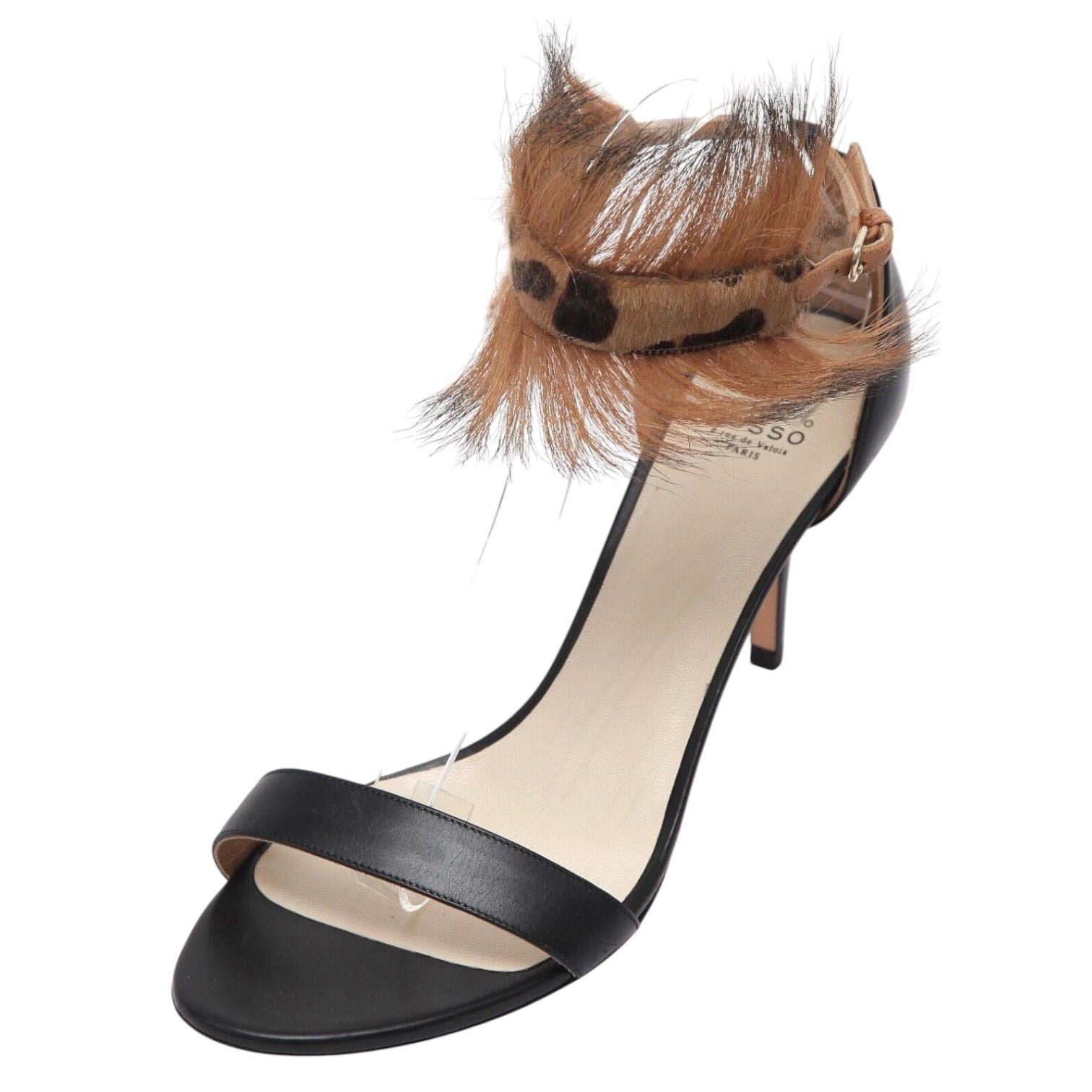 Brown FRANCESCO RUSSO Sandals Black Leather Leopard Print Peep Toe Ankle Strap 40 NWT For Sale