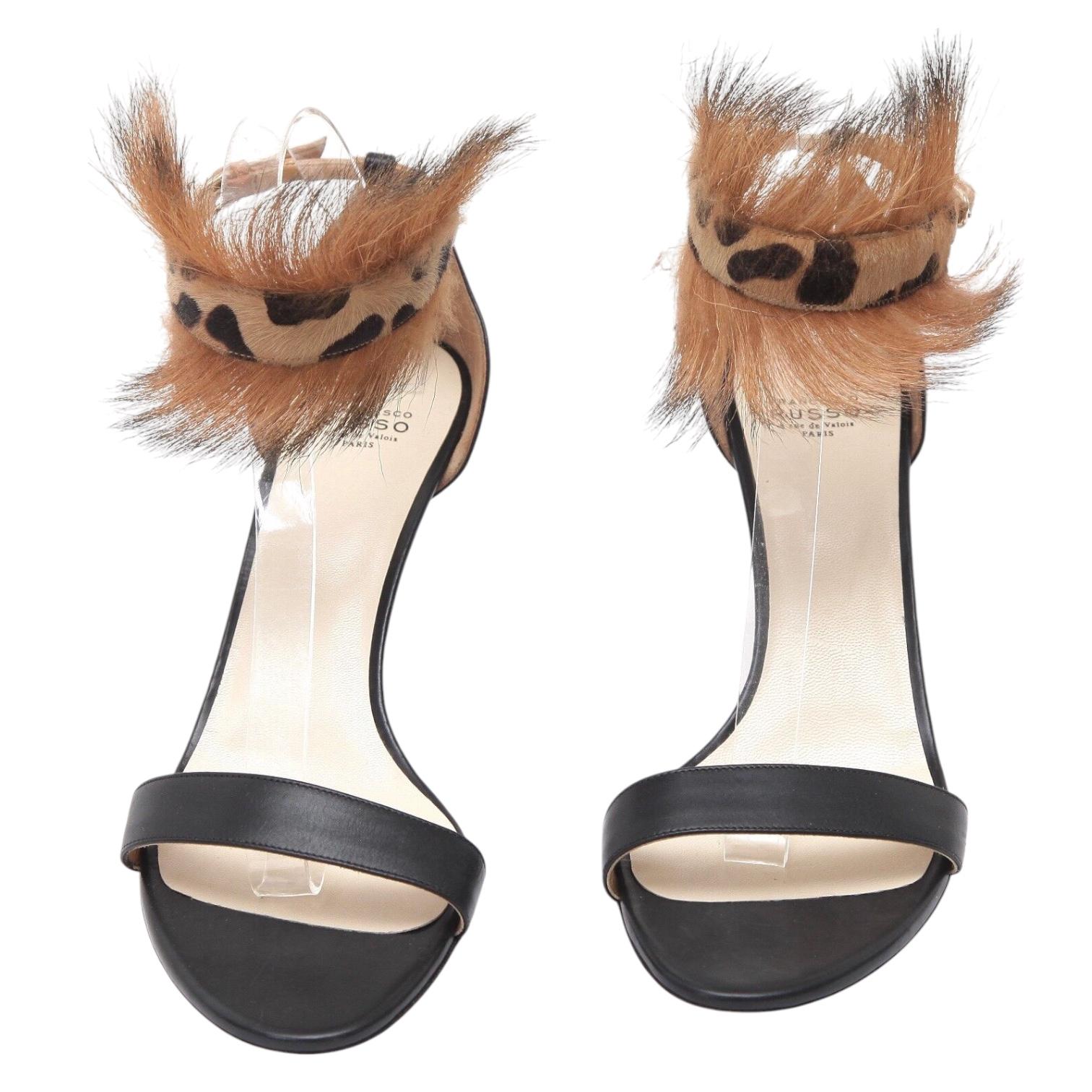 FRANCESCO RUSSO Sandals Black Leather Leopard Print Peep Toe Ankle Strap 40 NWT In New Condition For Sale In Hollywood, FL
