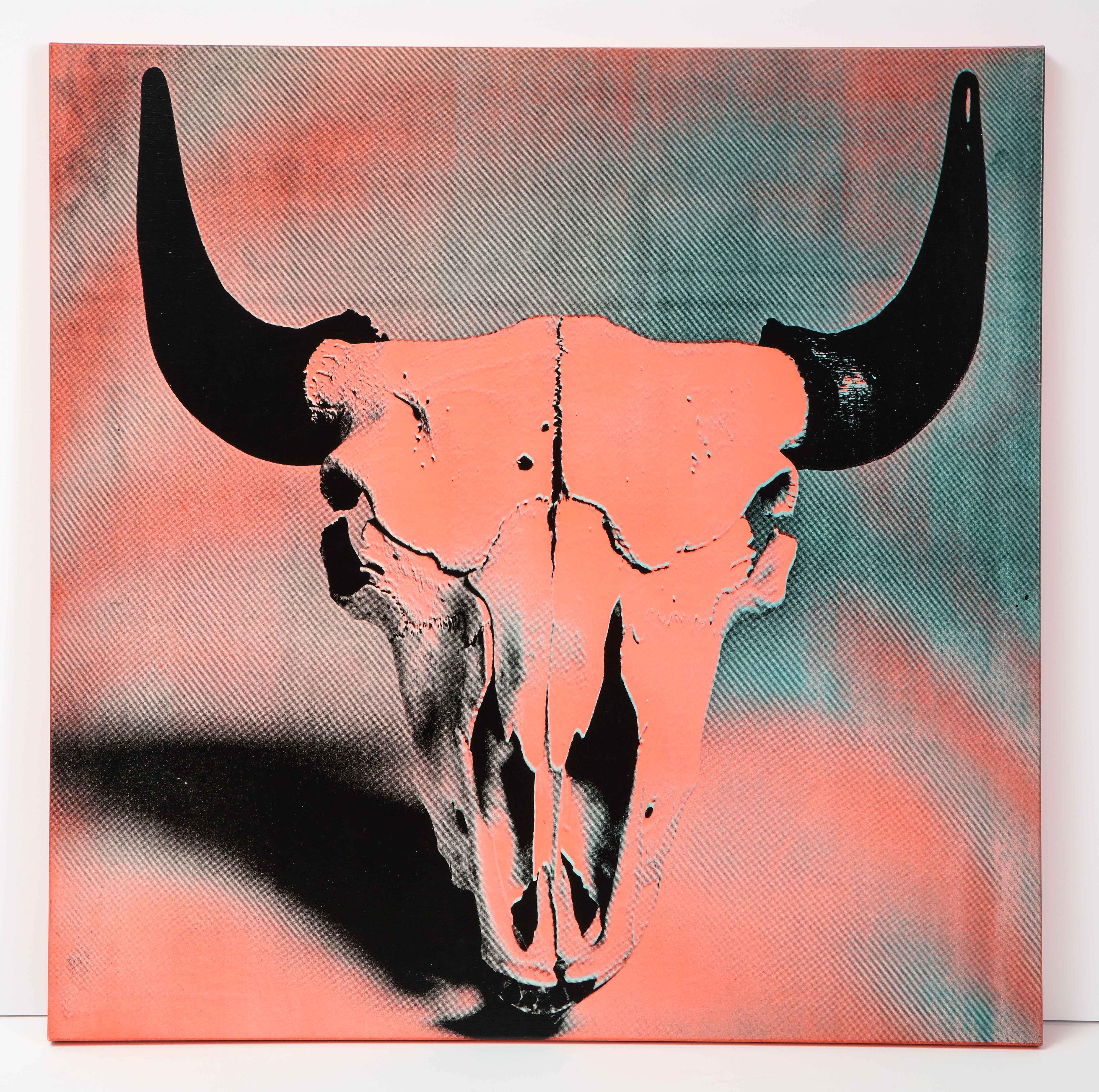 Francesco Scavullo Skull Screenprint on Canvas Signed. Scavullo, a fashion and celebrity photographer by trade, began colorizing his photographs and silk screening them on canvas much like his friend Andy Warhol. The two had collaborated on Warhol's