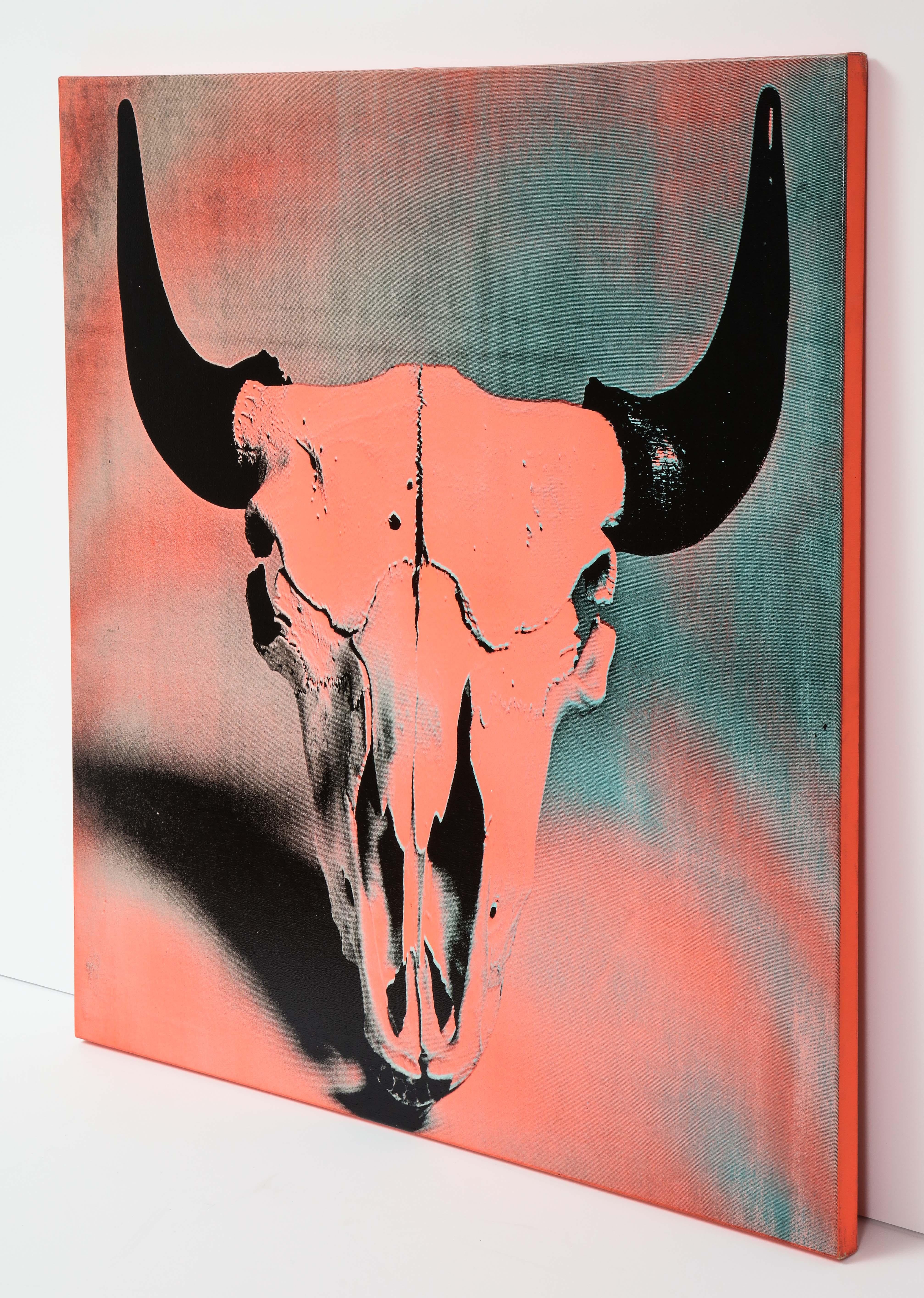 Mid-Century Modern Francesco Scavullo Bovine Skull, Screenprint on Canvas, Coral, Black, Signed For Sale