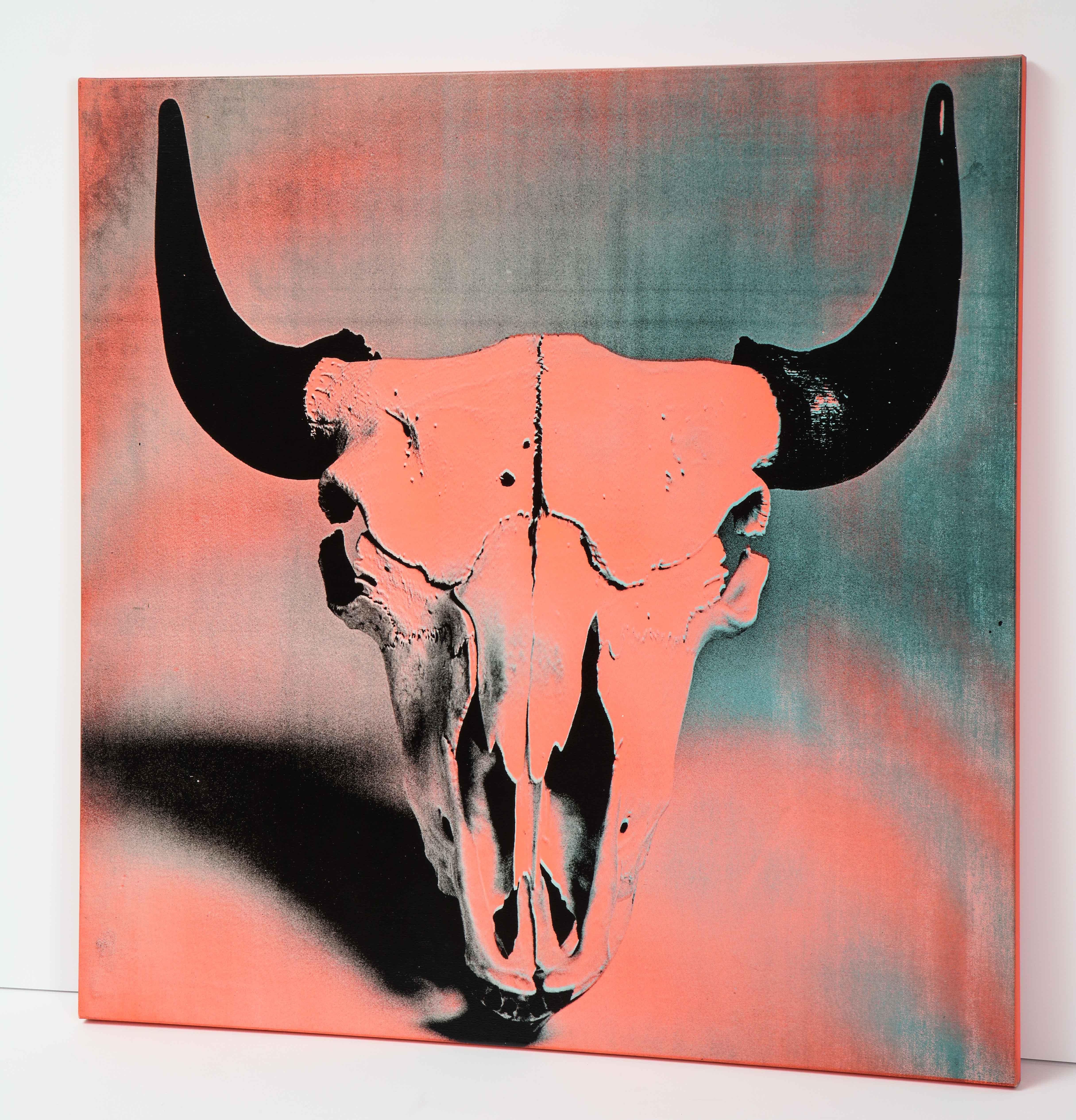 Francesco Scavullo cow skull, screenprint on canvas, coral, black, teal, signed. Screenprint in colors on canvas, signed and dated in ink on the reverse, 1985. Scavullo, 1921–2004, was an influential American fashion and celebrity photographer.