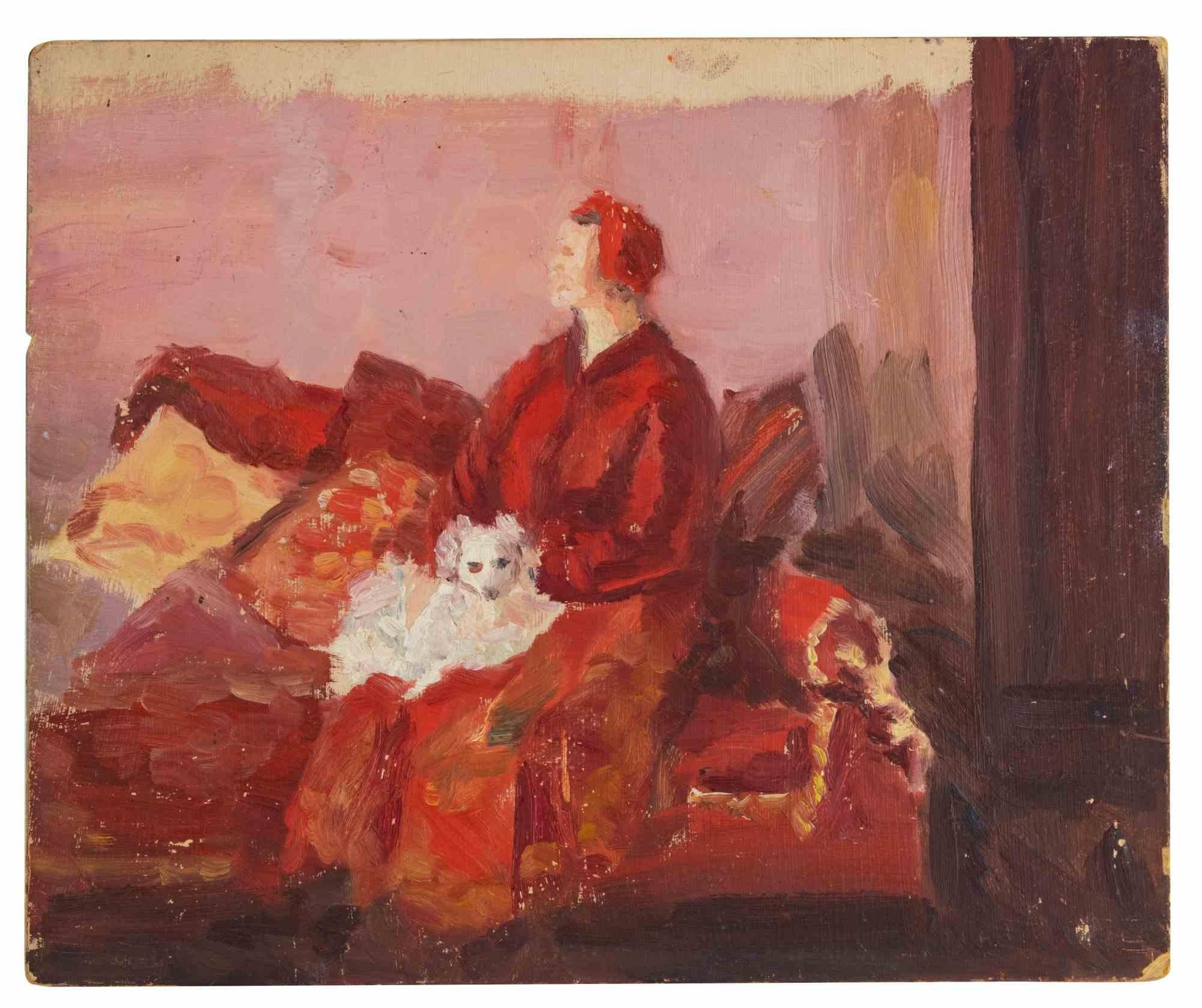 Une femme sur un canapé avec un chien - peinture de Francesco Settimj - milieu du 20e siècle en vente 1