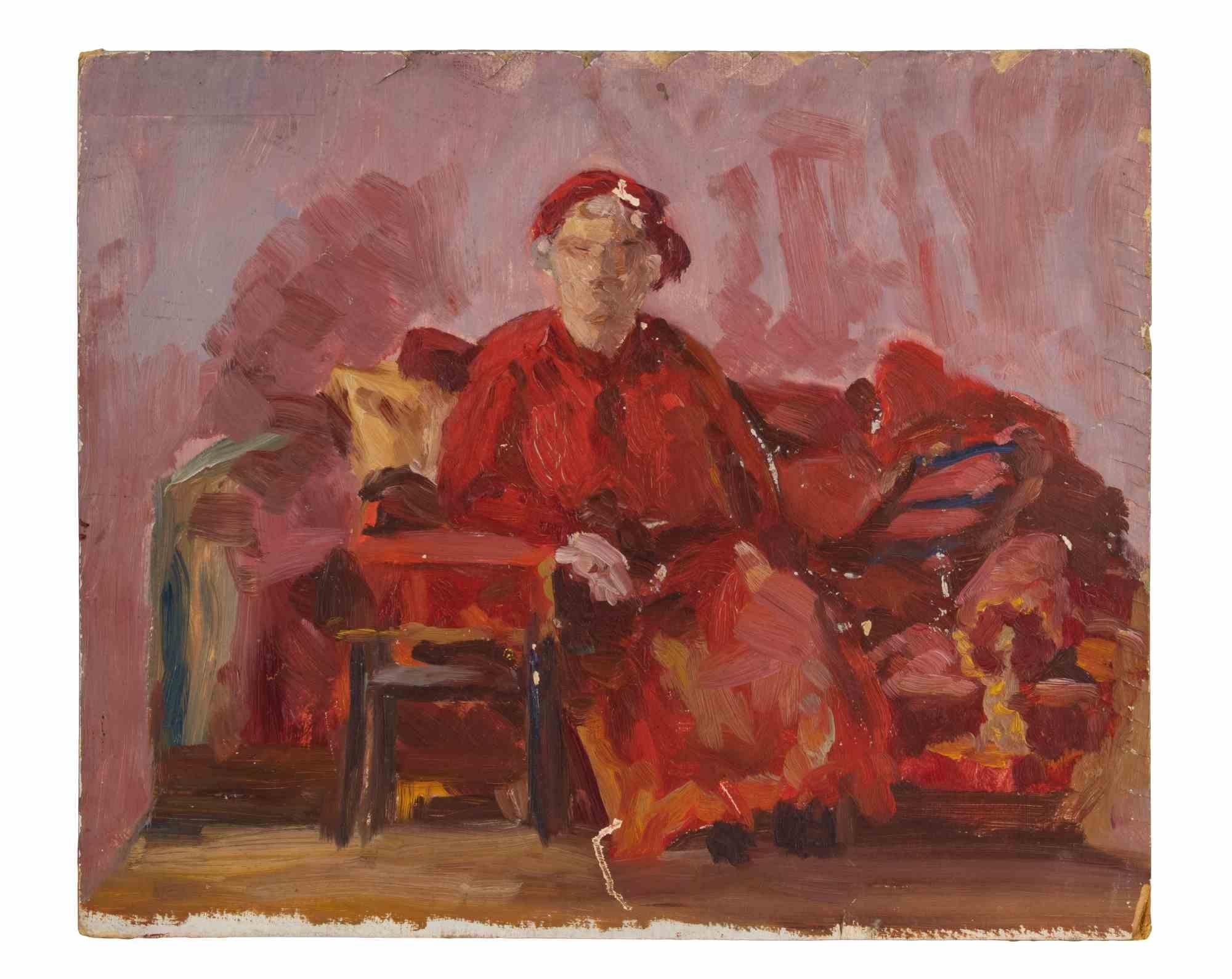 Une femme sur un canapé avec un chien - peinture de Francesco Settimj - milieu du 20e siècle en vente 2
