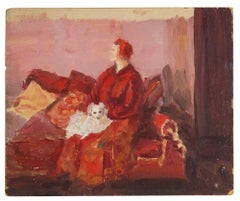 Una mujer en un sofá con perro - Pintura de Francesco Settimj - mediados del siglo XX