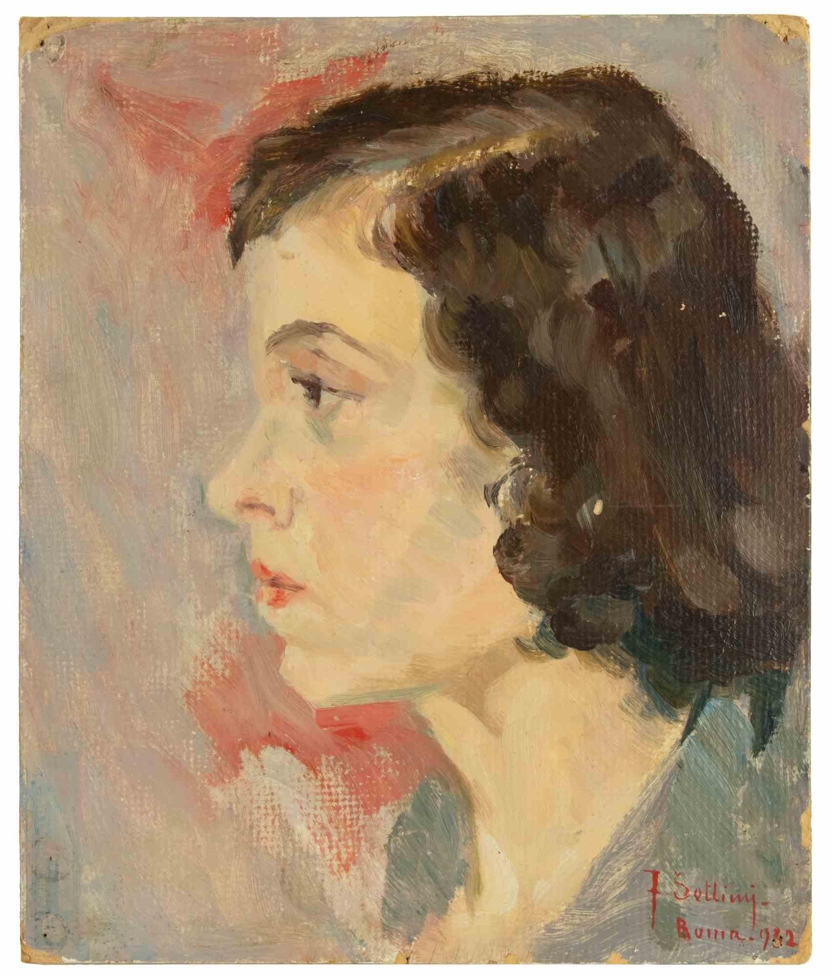 Ritratto realizzato da Franco Settimj nel 1932.

Olio su cartone.

Firmato a mano e datato in basso a destra.

Buone condizioni, ad eccezione di alcune lievi sbavature sui bordi.
