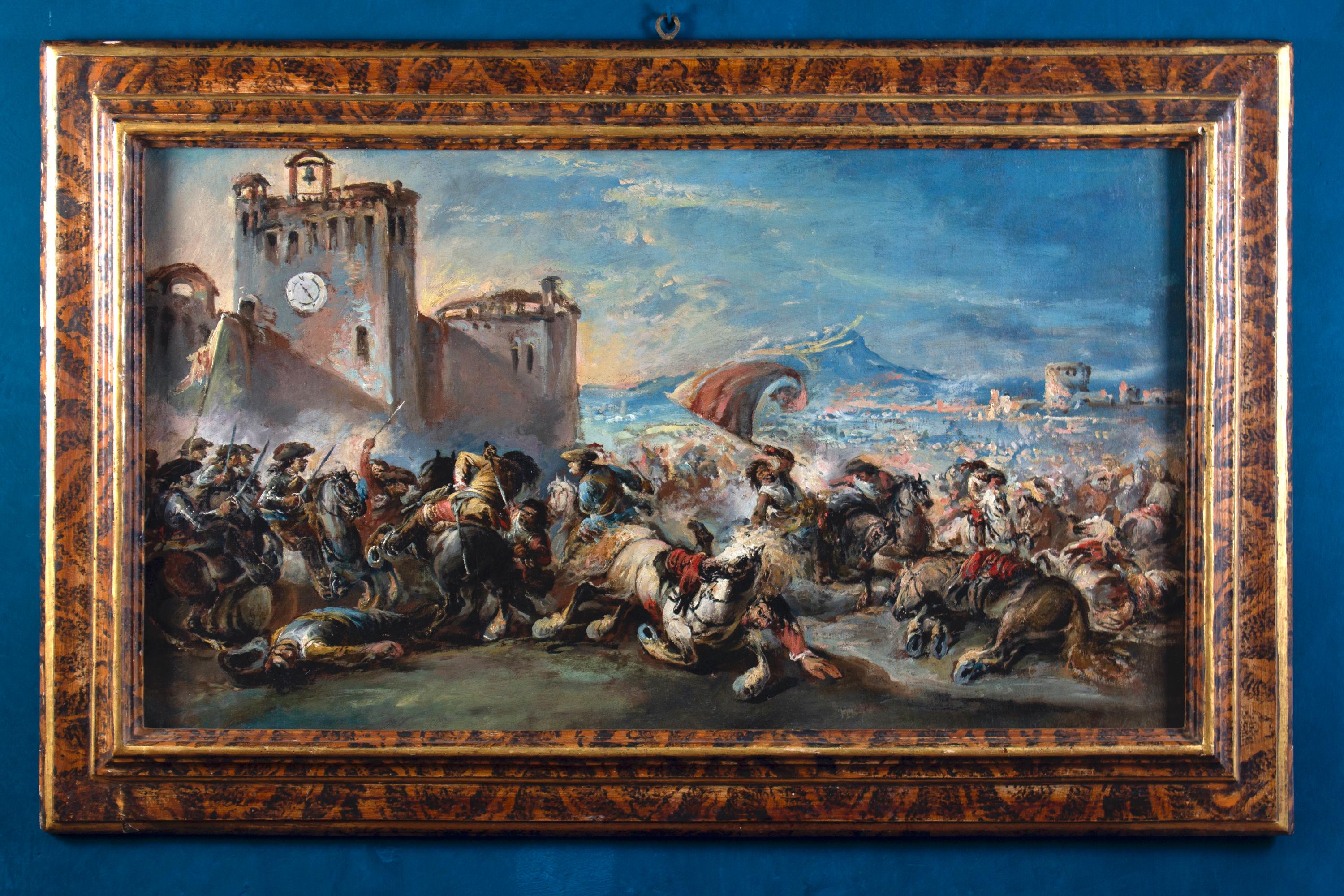 Dramatic Battle Scene Outside a Castle, a Town beyond  1730' - Painting by Francesco Simonini