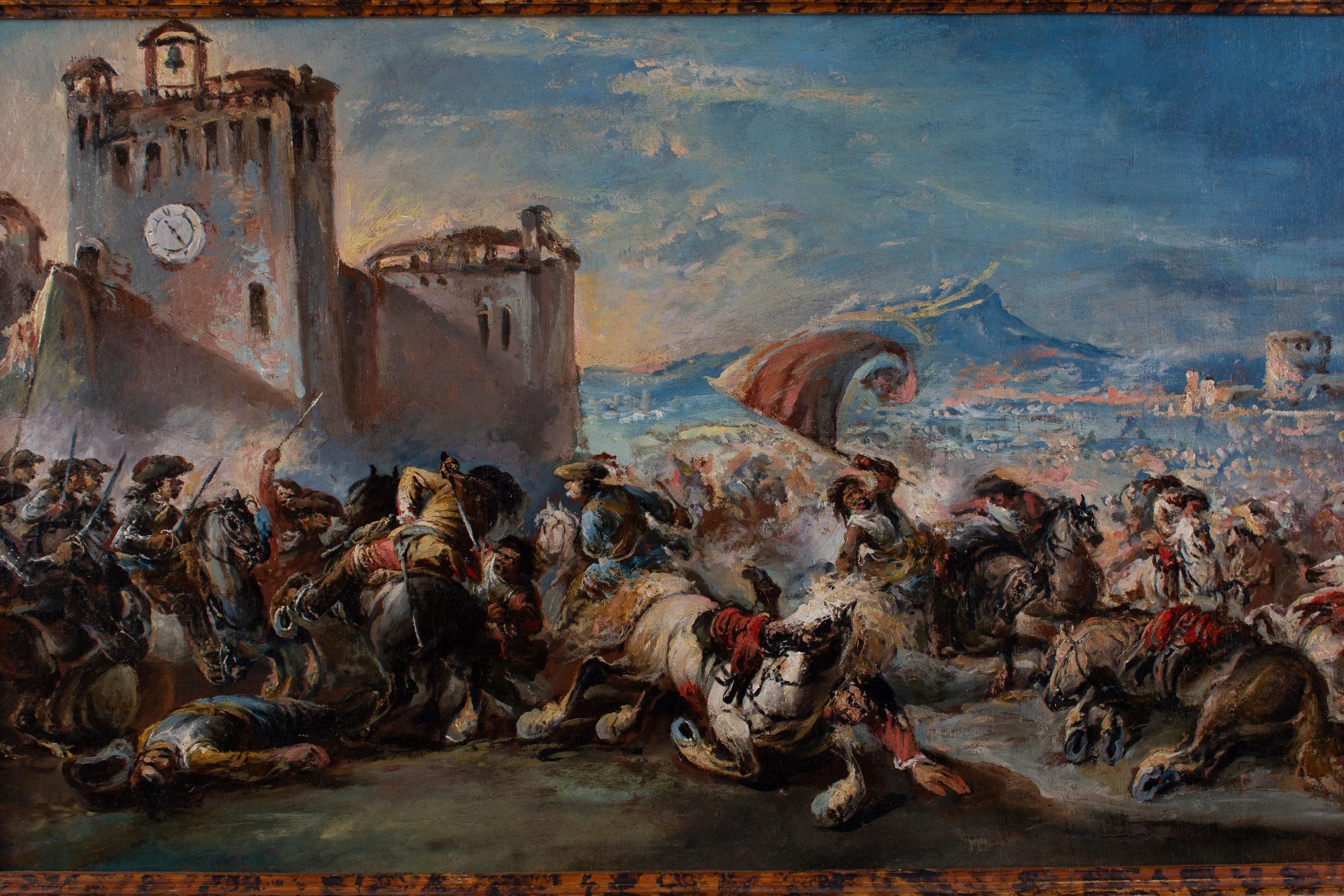 Dramatic Battle Scene Outside a Castle, a Town beyond  1730' - Black Landscape Painting by Francesco Simonini