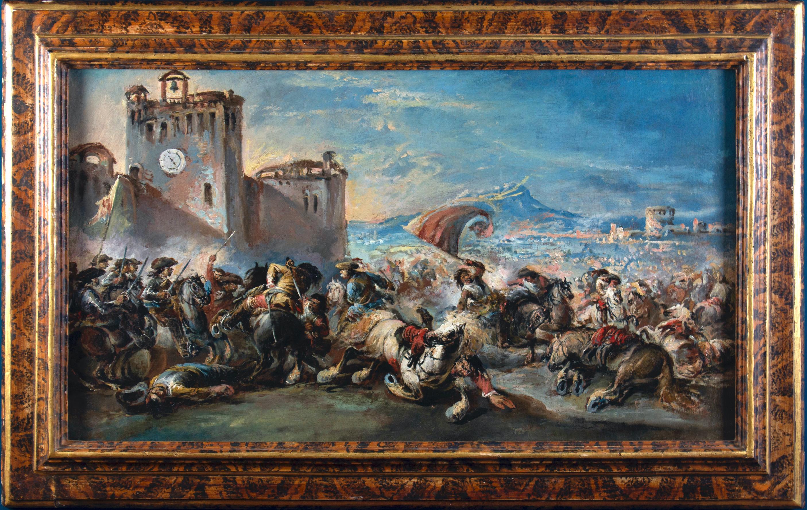 Dramatic Battle Scene Outside a Castle, a Town beyond  1730'