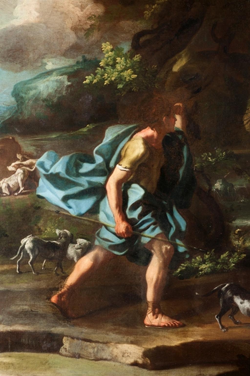 17th Century Myth of Diana and Ataeon Francesco Solimena Oil on Canvas Blu Red in vendita 1