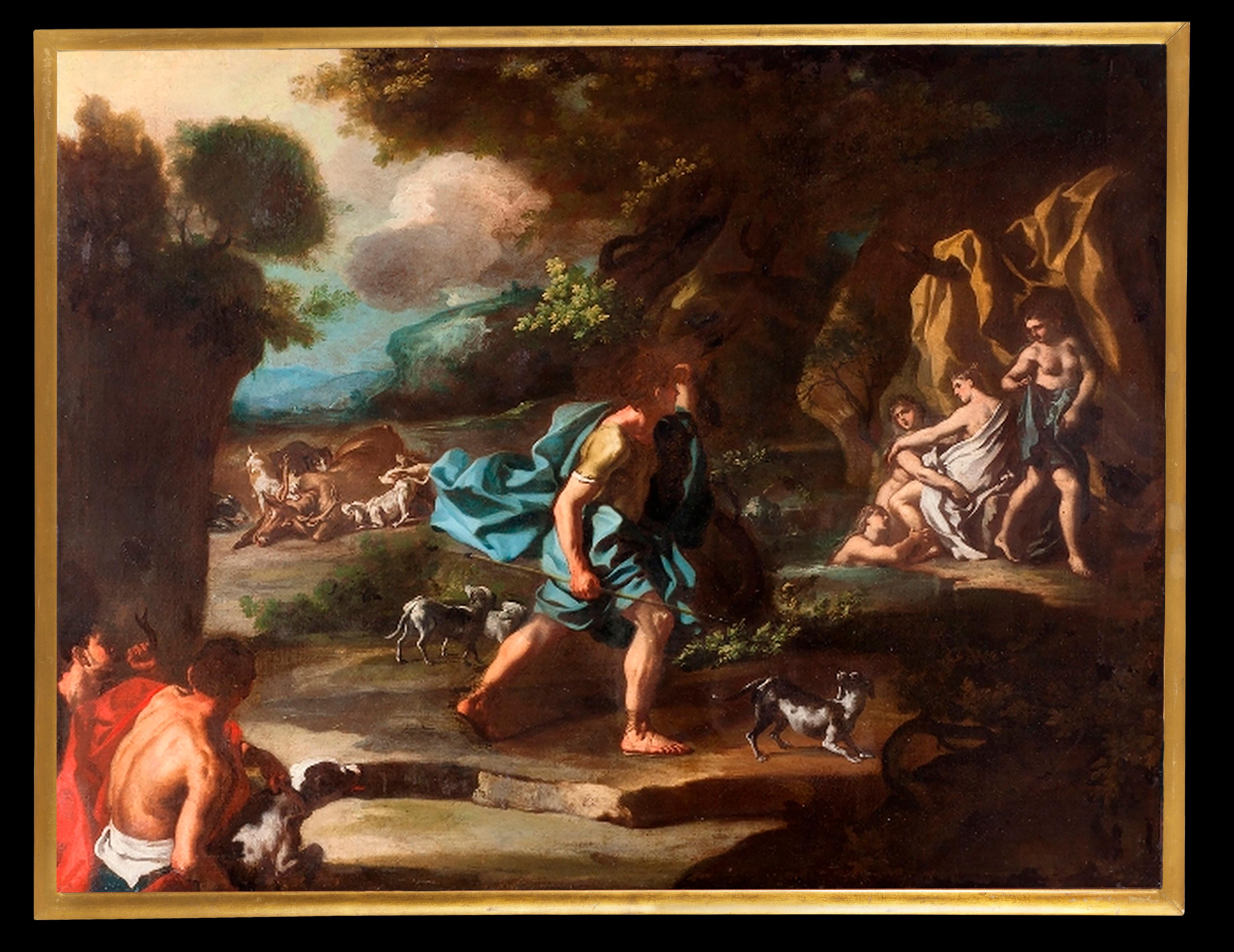 17th Century Myth of Diana and Ataeon Francesco Solimena Oil on Canvas Blu Red For Sale 4