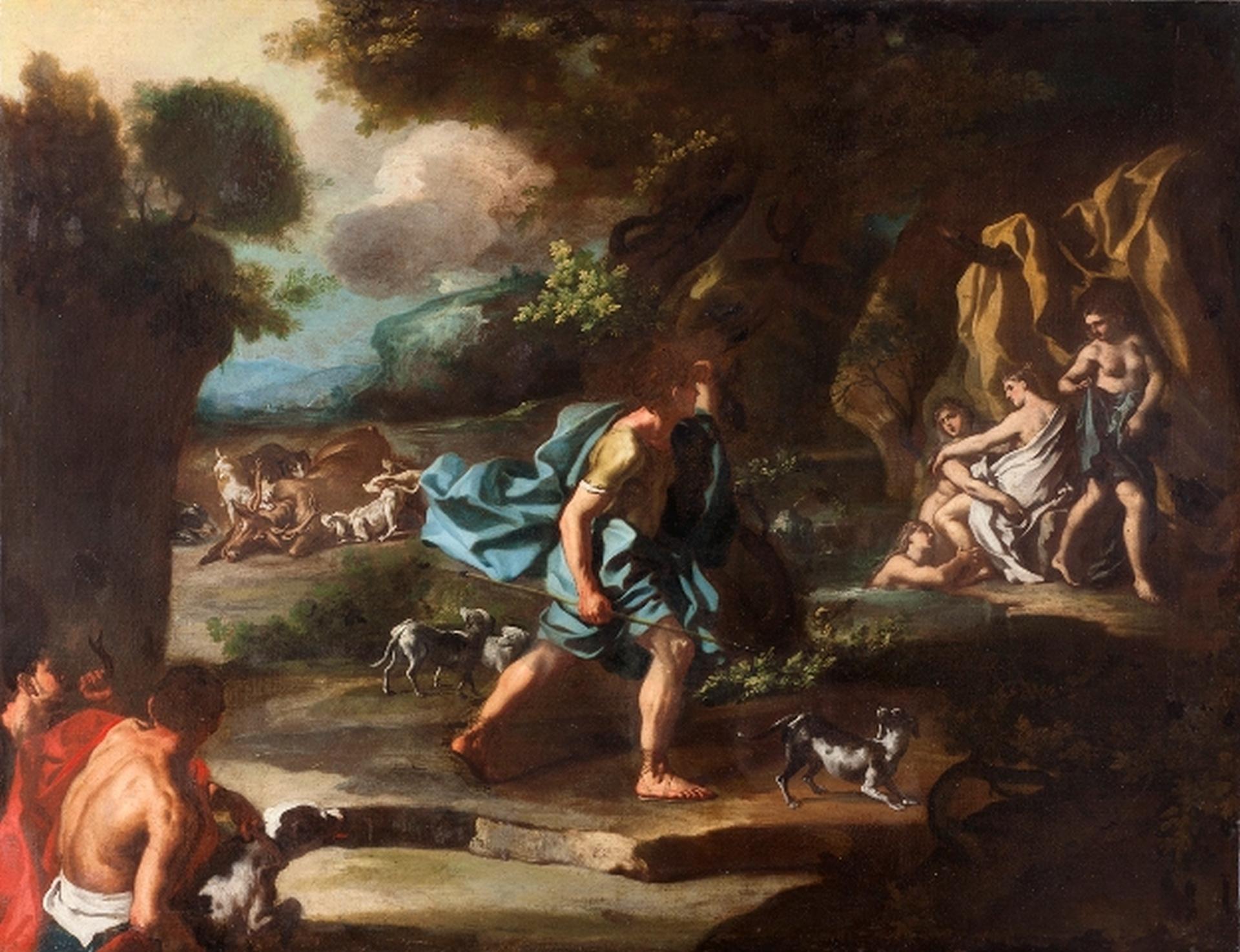 Painting oil on canvas depicting the myth of Diana and Actaeon measuring 110 x 130 without frame and 120 x 140 with frame by the painter Francesco Solimena.

According to the myth, during a hunting trip, Actaeon provoked Diana's wrath when he caught