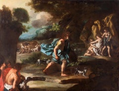 Antique 17th Century Myth of Diana and Ataeon Francesco Solimena Oil on Canvas Blu Red