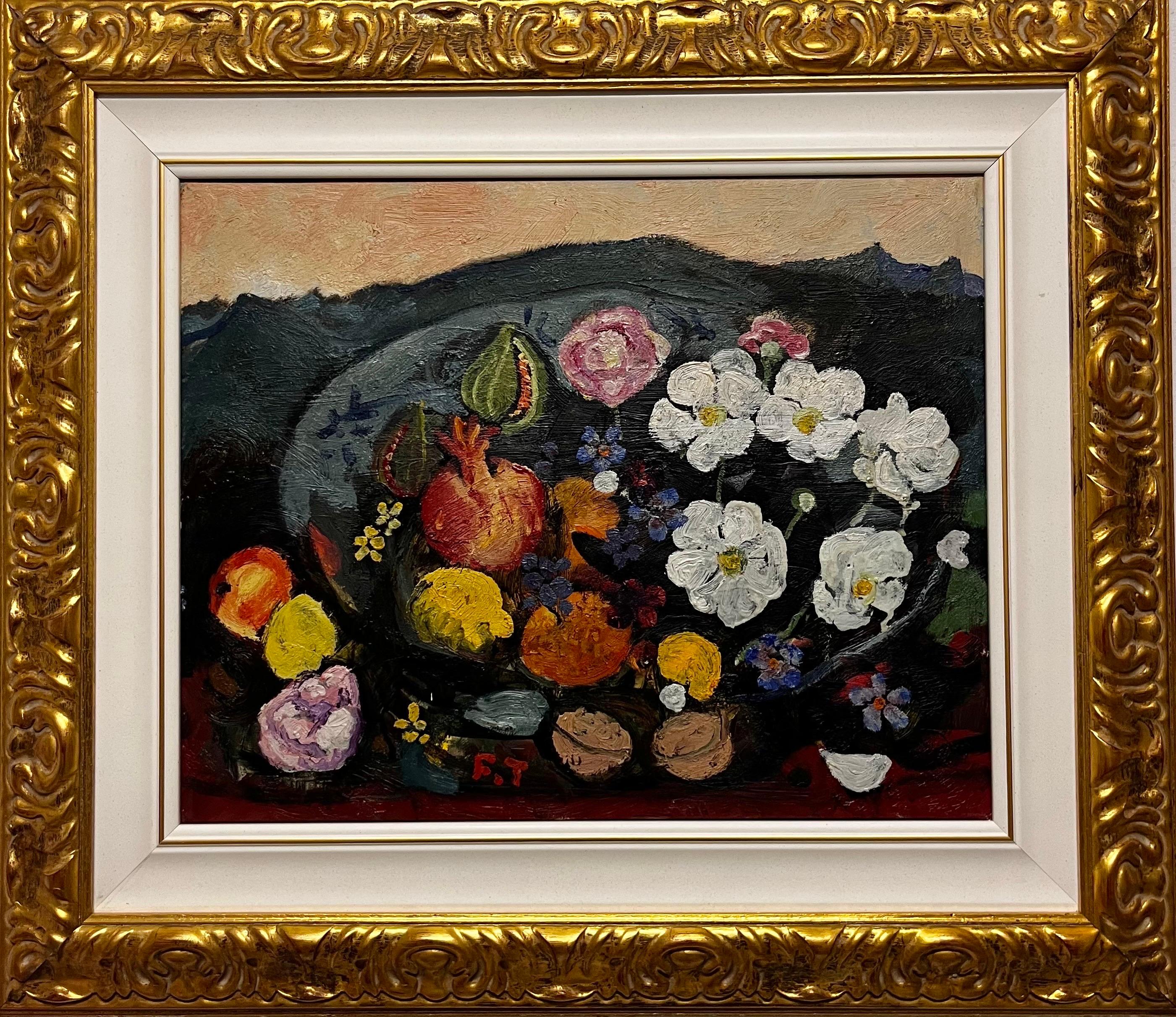 Francesco Tabusso Still-Life Painting - "Fiori e frutta" Olio cm. 50 x 40 1998