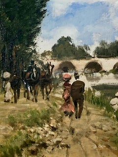 "At the Lake" Parisian Impressionistic Oil Painting of Figures by the Lakeside