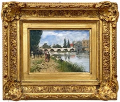 "At the Lake" Parisian Impressionistic Oil Painting of Figures by the Lakeside