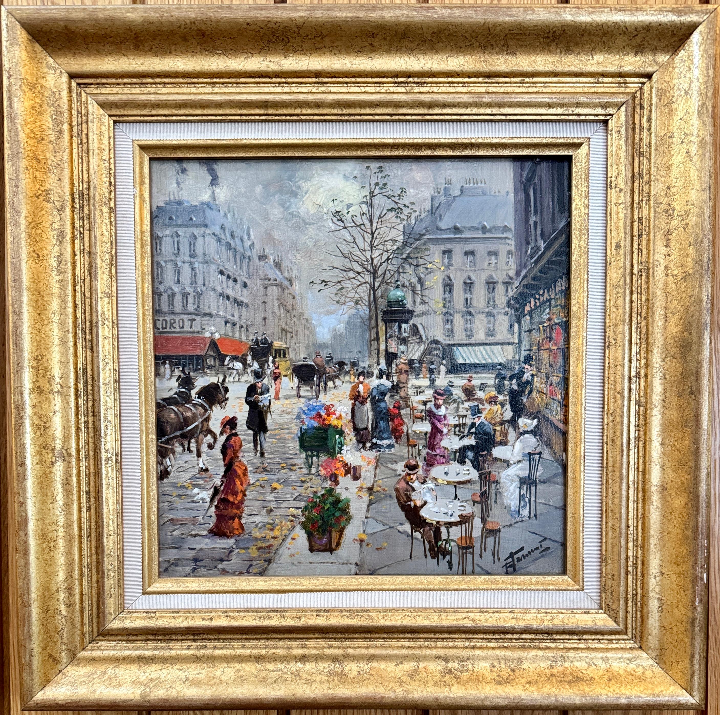 Impressionist Paris street scene, Cafe, people eating, drinking, France