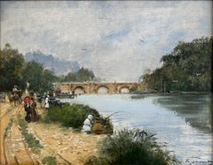 "Scena di parco" Pittura a olio impressionista parigina con figure sul lungofiume
