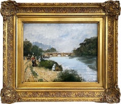 „Parkszene“ Pariser impressionistisches Ölgemälde mit Figuren an der Flussufer, Pariser Impressionistisches Ölgemälde