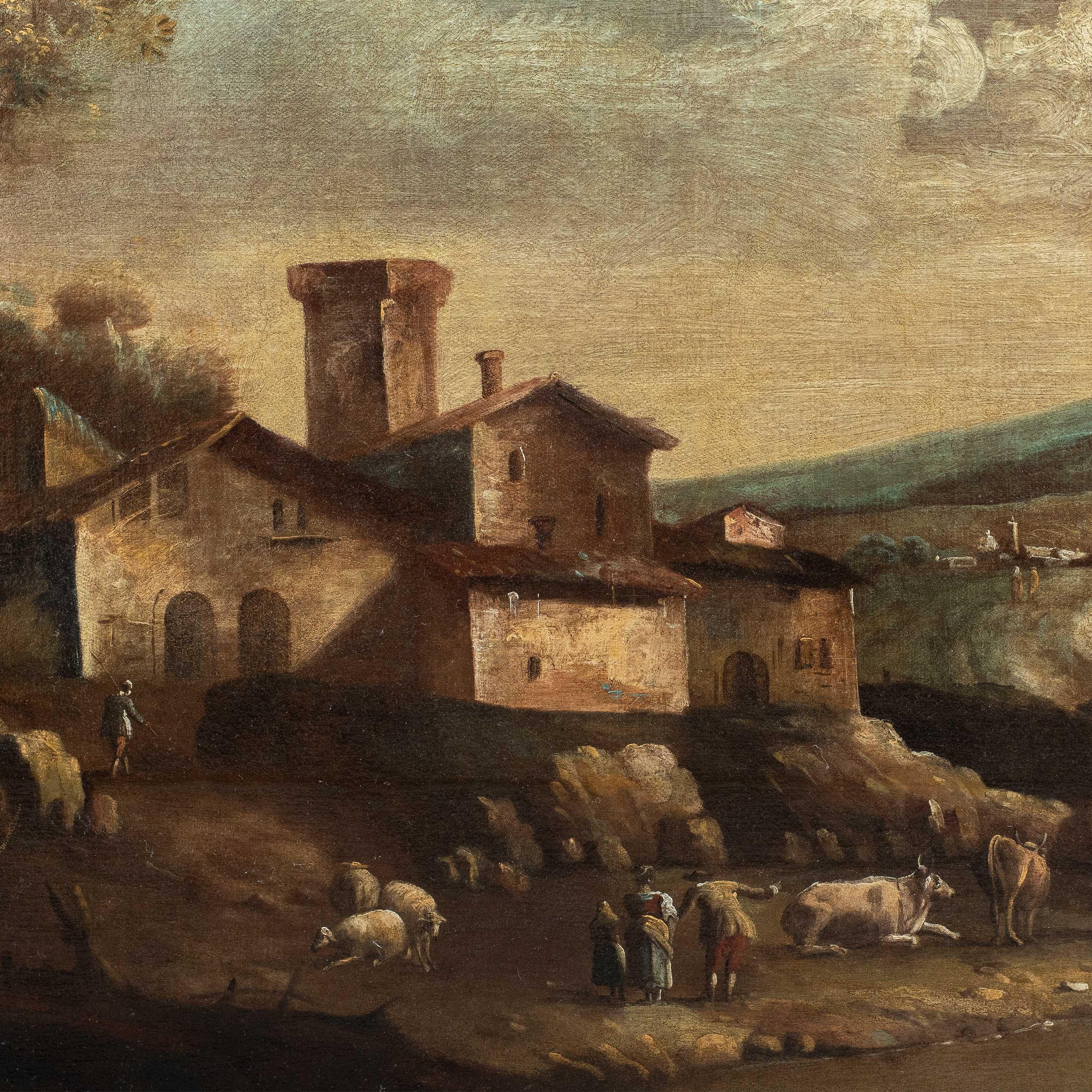 Francesco Tironi (maestro veneziano) - Pittura di paesaggio del XVIII secolo - Pastori - Painting di Francesco Tironi (Venice, about 1745 - 1797)