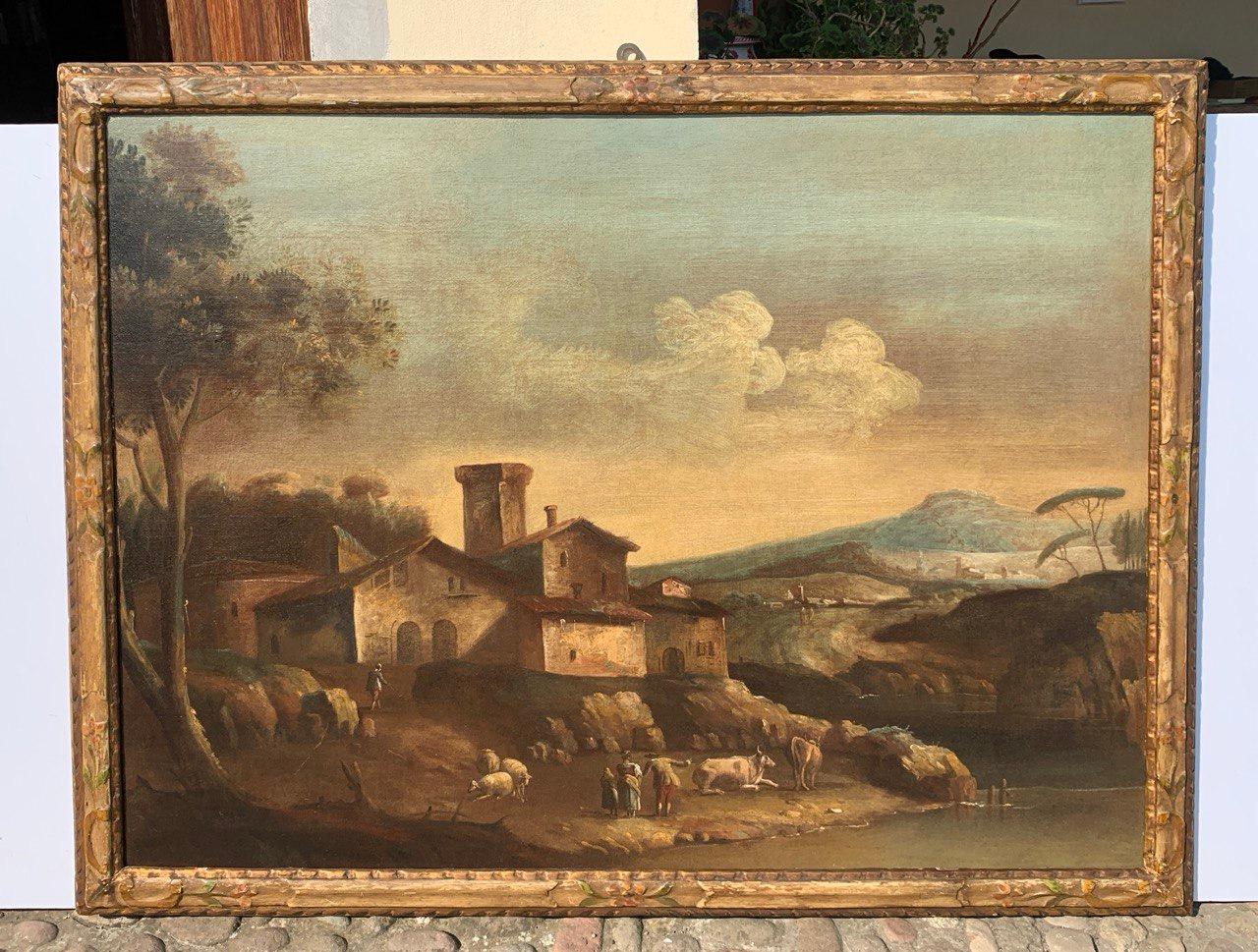 Francesco Tironi (maestro veneziano) - Pittura di paesaggio del XVIII secolo - Pastori - Painting Rococò di Francesco Tironi (Venice, about 1745 - 1797)