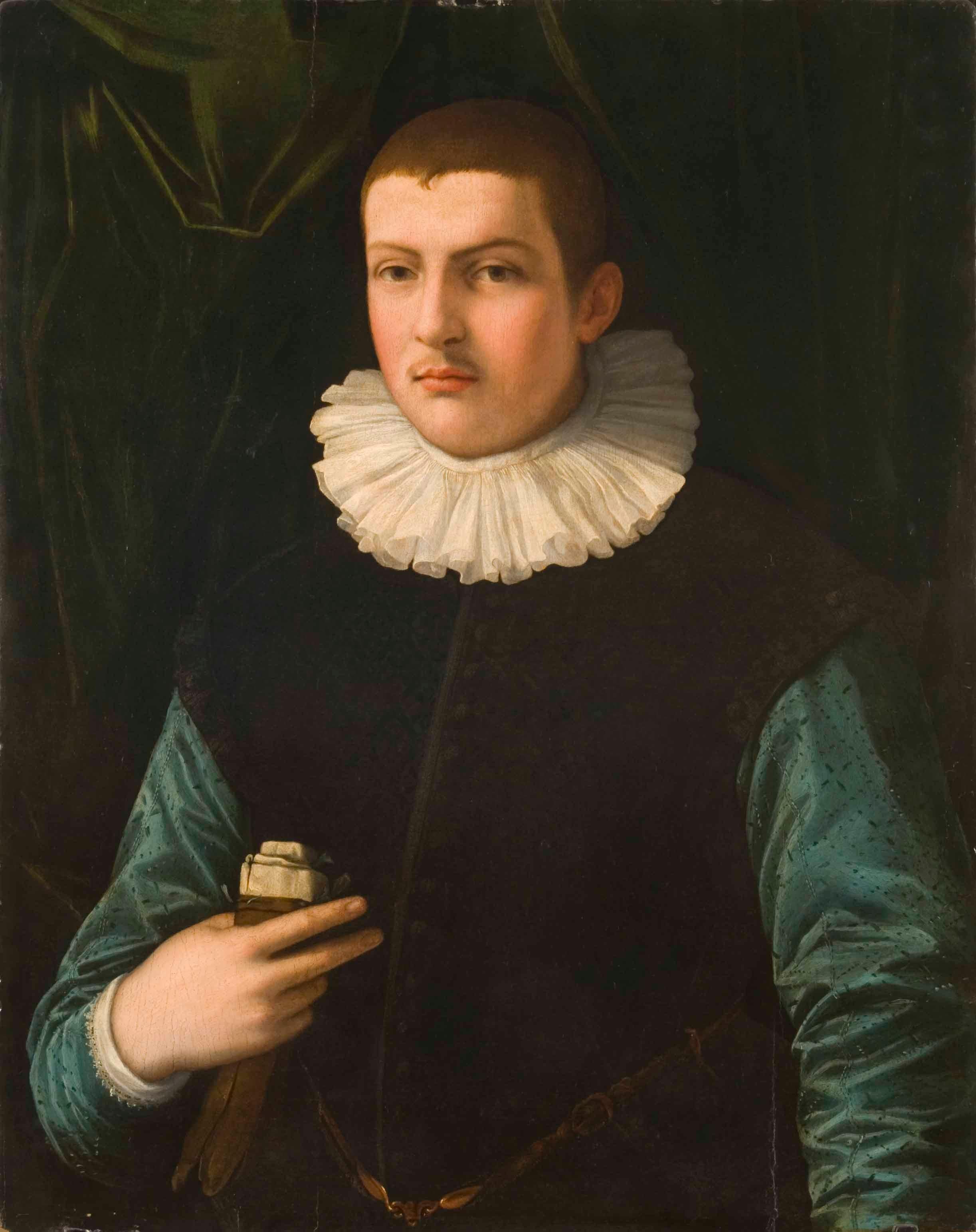 Francesco Traballesi (Florence, Italy, 1541 - Mantua, Italy, 1588)
Title: Portrait of a young man with a glove
Medium: Oil on panel
Dimensions: without frame 69.5 × 86.5 cm
Painting without frame
Not signed

Expertise by Marco Ciampolini, art