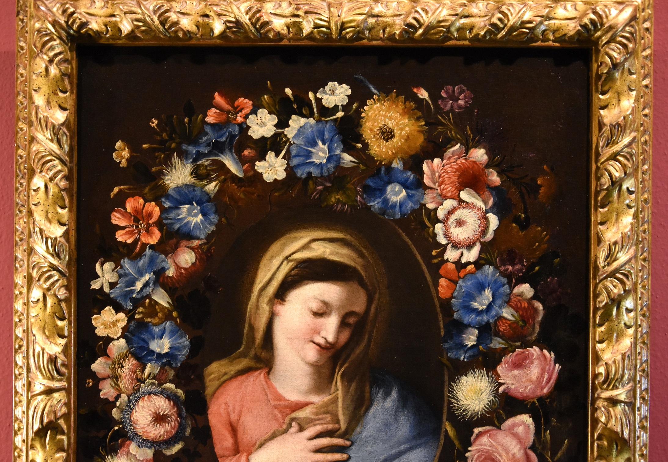 Guirlande de fleurs avec un portrait de la Vierge
Francesco Trevisani (Capodistria 1656 - Rome 1746) et Niccolò Stanchi (Rome 1623 - 1690), attribuables

Huile sur toile
66 x 49 cm. - Dans un cadre 76 X 60 cm.

Le magnifique tableau que nous avons