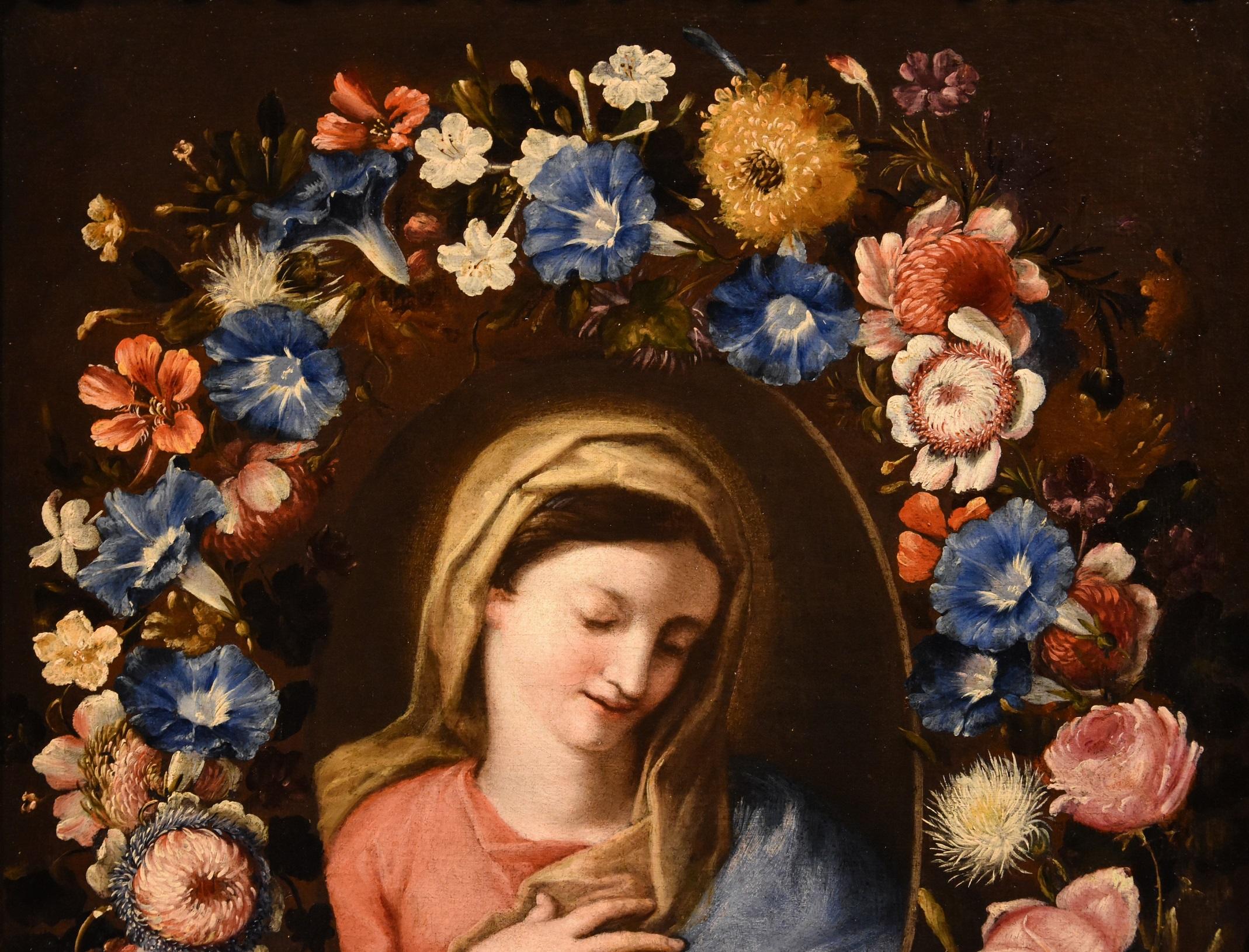 Flower garland with a portrait of the Virgin
Francesco Trevisani (Capodistria 1656 - Rome 1746) and Niccolò Stanchi (Rome 1623 - 1690), attributable

Oil on canvas
66 x 49 cm. - In frame 76 X 60 cm.

The beautiful painting that we are pleased to