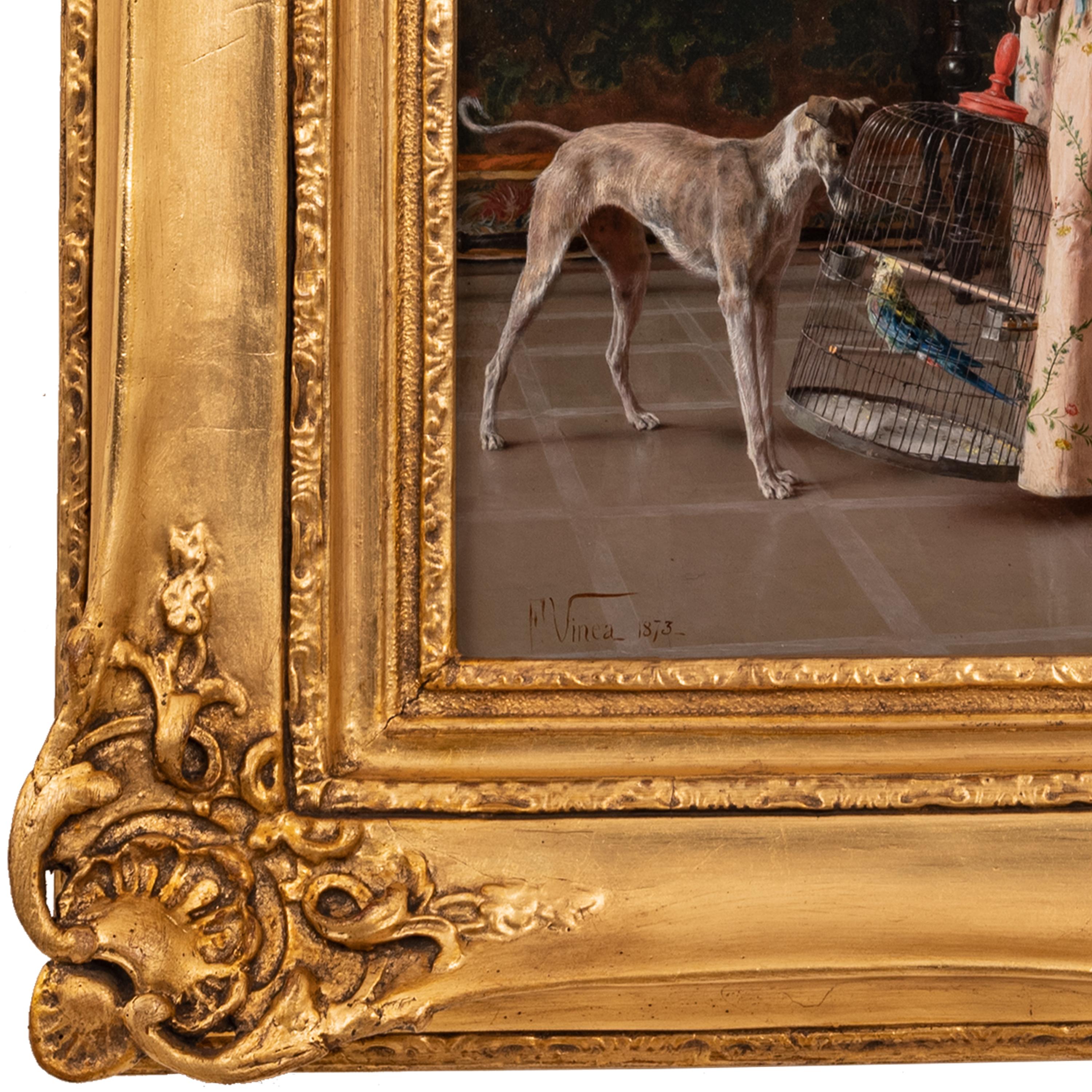 Antico dipinto italiano a olio su pannello in costume di genere Cane e bellezza Franceso Vinea in vendita 3