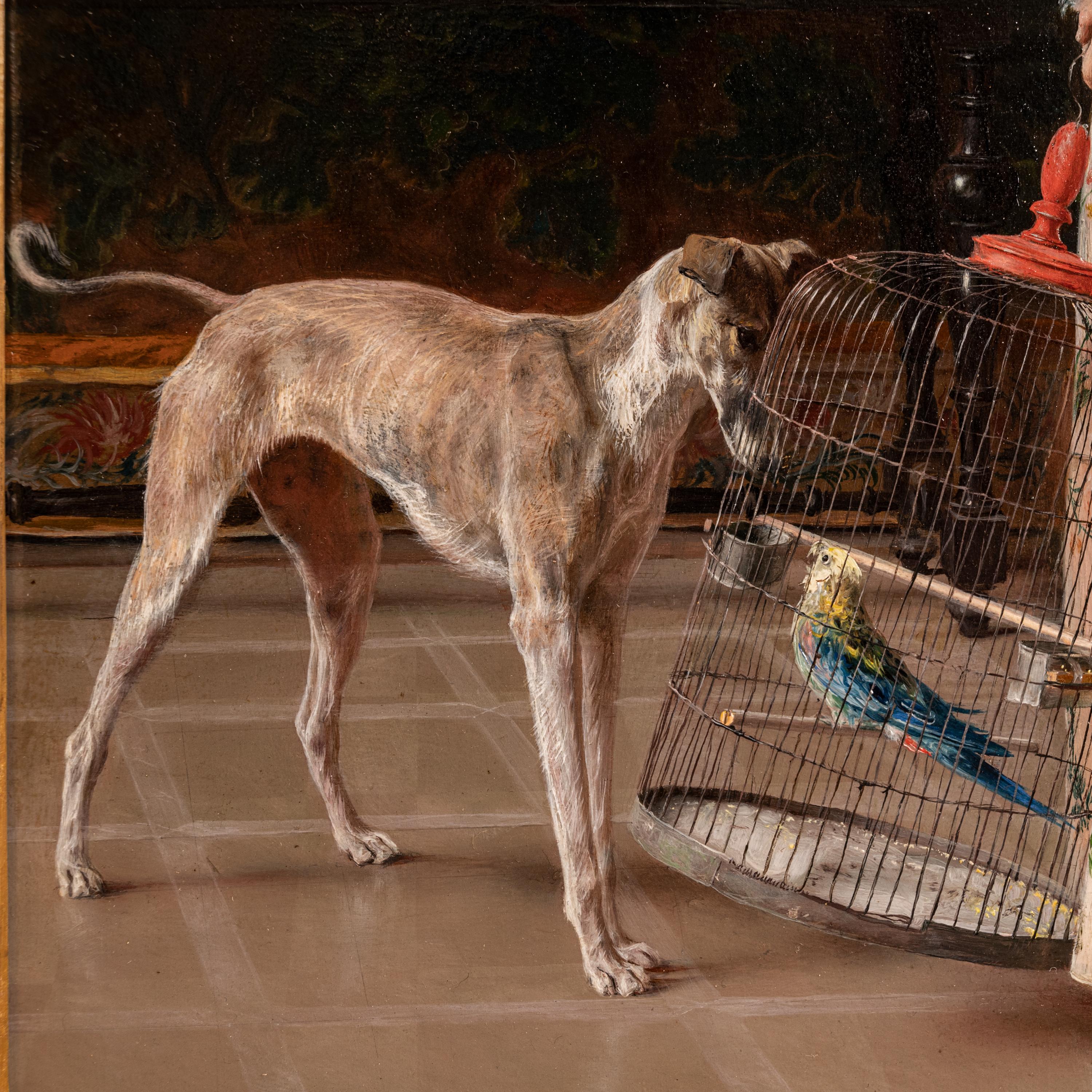 Antique Italian Oil on Panel Painting Costume Genre Dog & Beauty Franceso Vinea For Sale 8