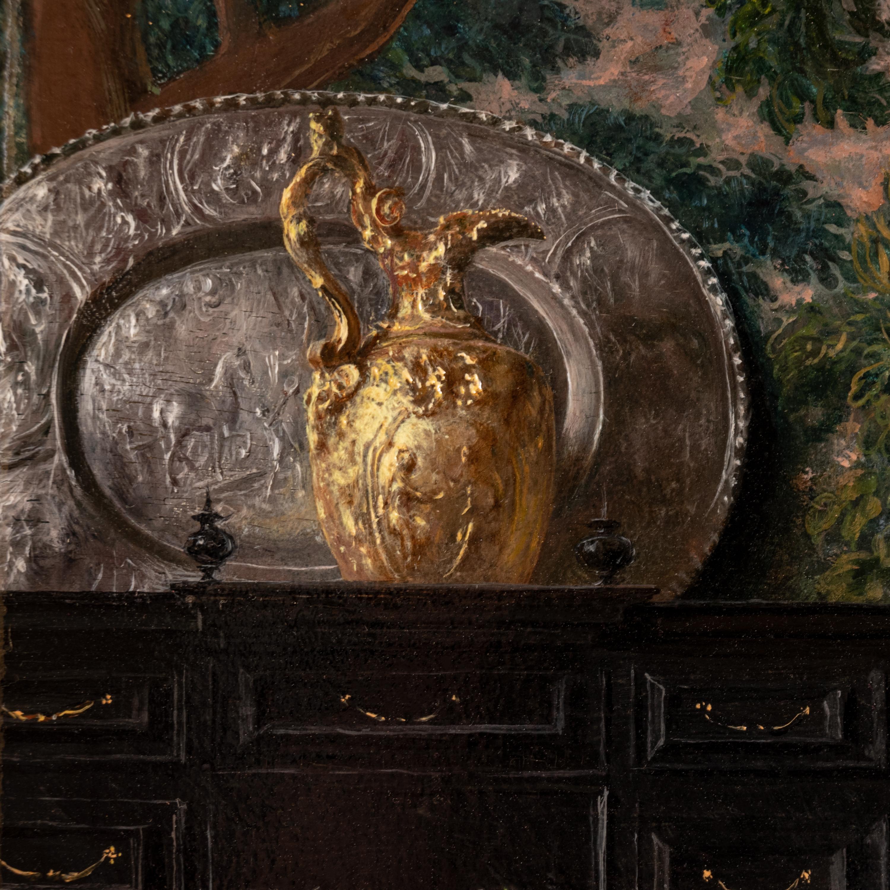 Antique Italian Oil on Panel Painting Costume Genre Dog & Beauty Franceso Vinea For Sale 12