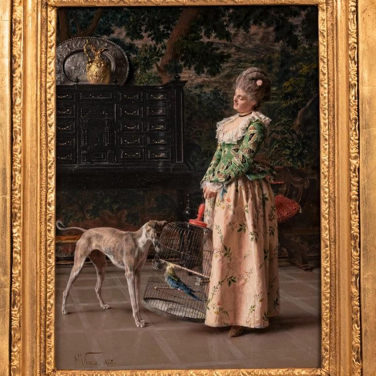 Antikes italienisches Ölgemälde auf Täfelung, Kostüm, Genre, Hund und Schönheit, Franceso Vinea – Painting von Francesco Vinea