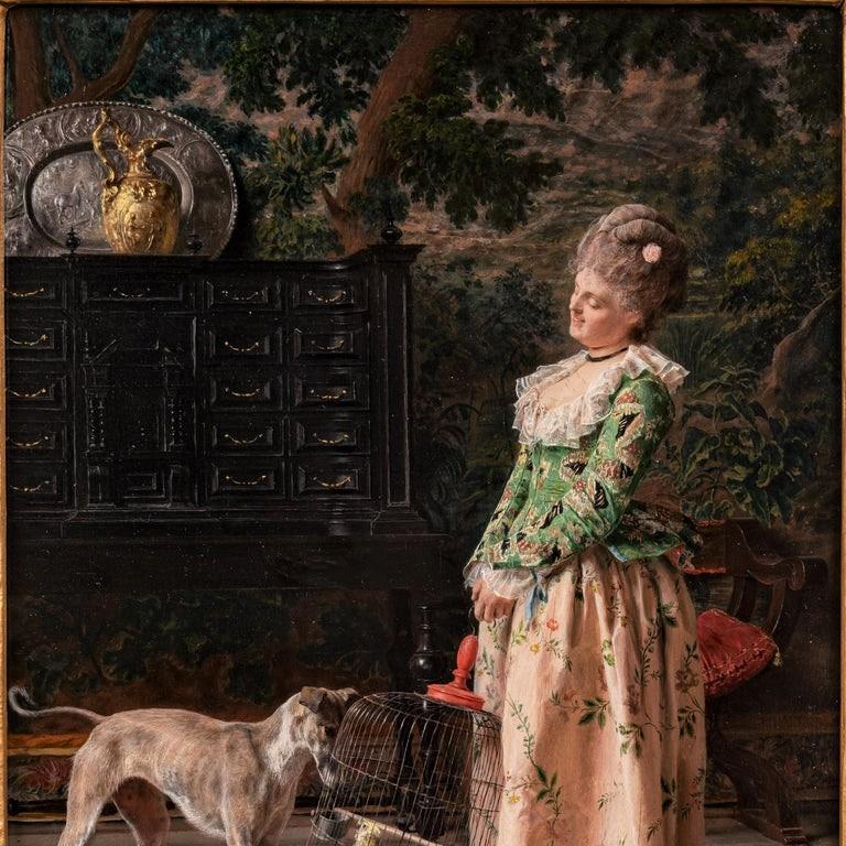 Antique Italian Oil on Panel Painting Costume Genre Dog & Beauty Franceso Vinea - Brown Figurative Painting by Francesco Vinea