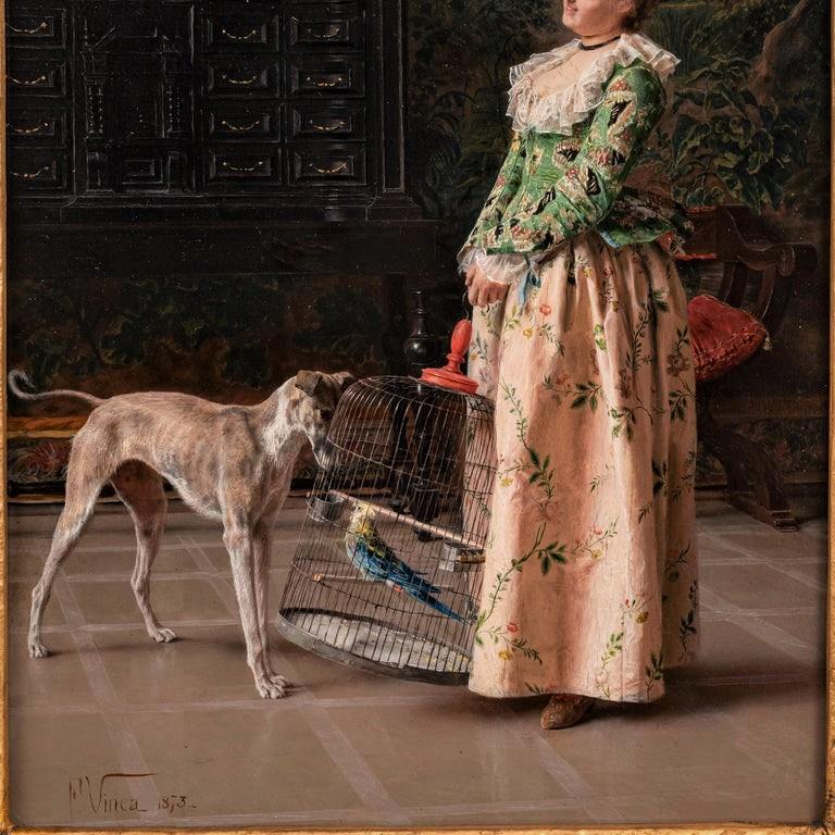 A very good antique oil on panel costume genre painting by the celebrated Northern Italian artist, Francesco Vinea (1845-1902), the painting dated signed and dated 1873.
Vinea studied at The Academy of Fine Arts in Florence and then worked as a