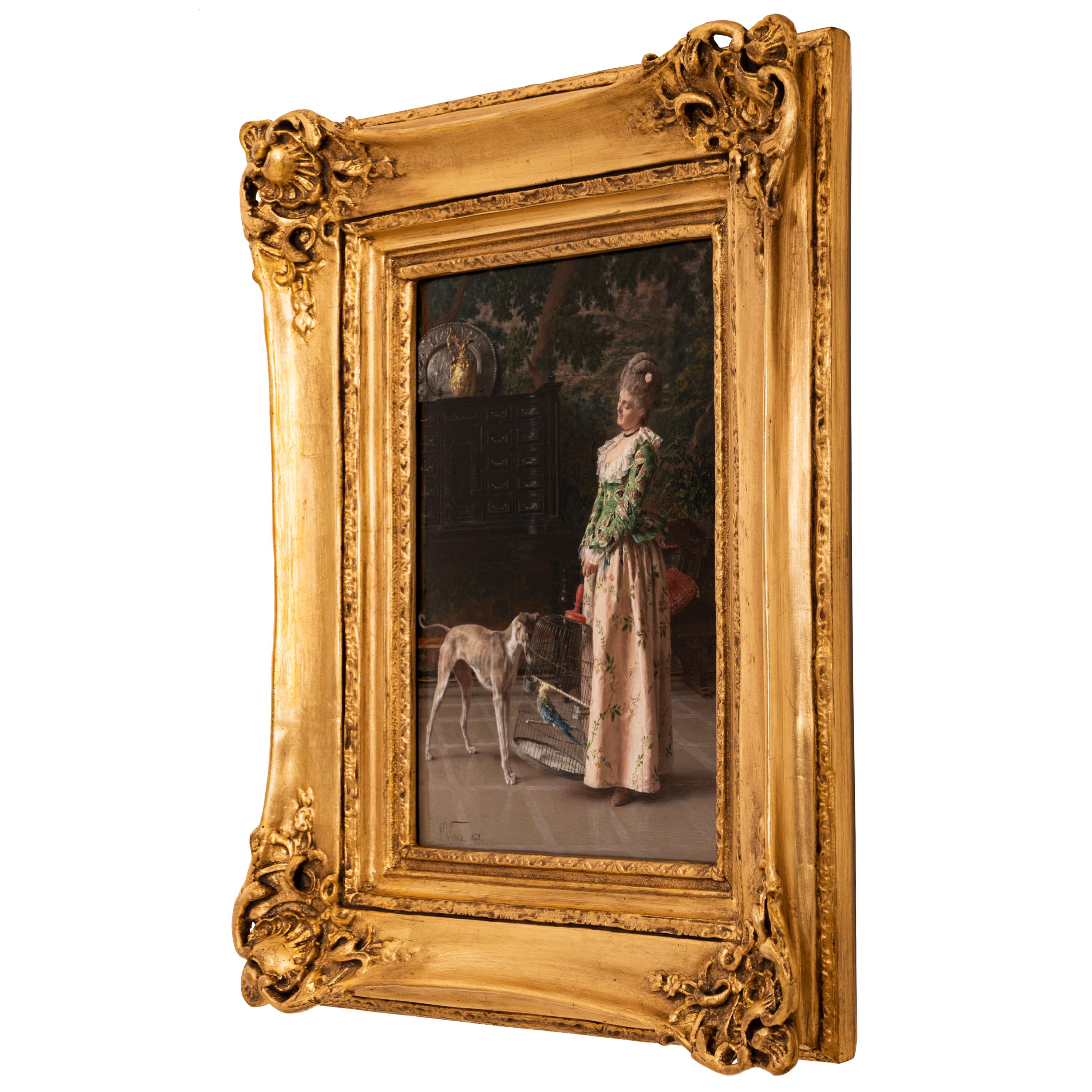 Antique Italian Oil on Panel Painting Costume Genre Dog & Beauty Franceso Vinea For Sale 1