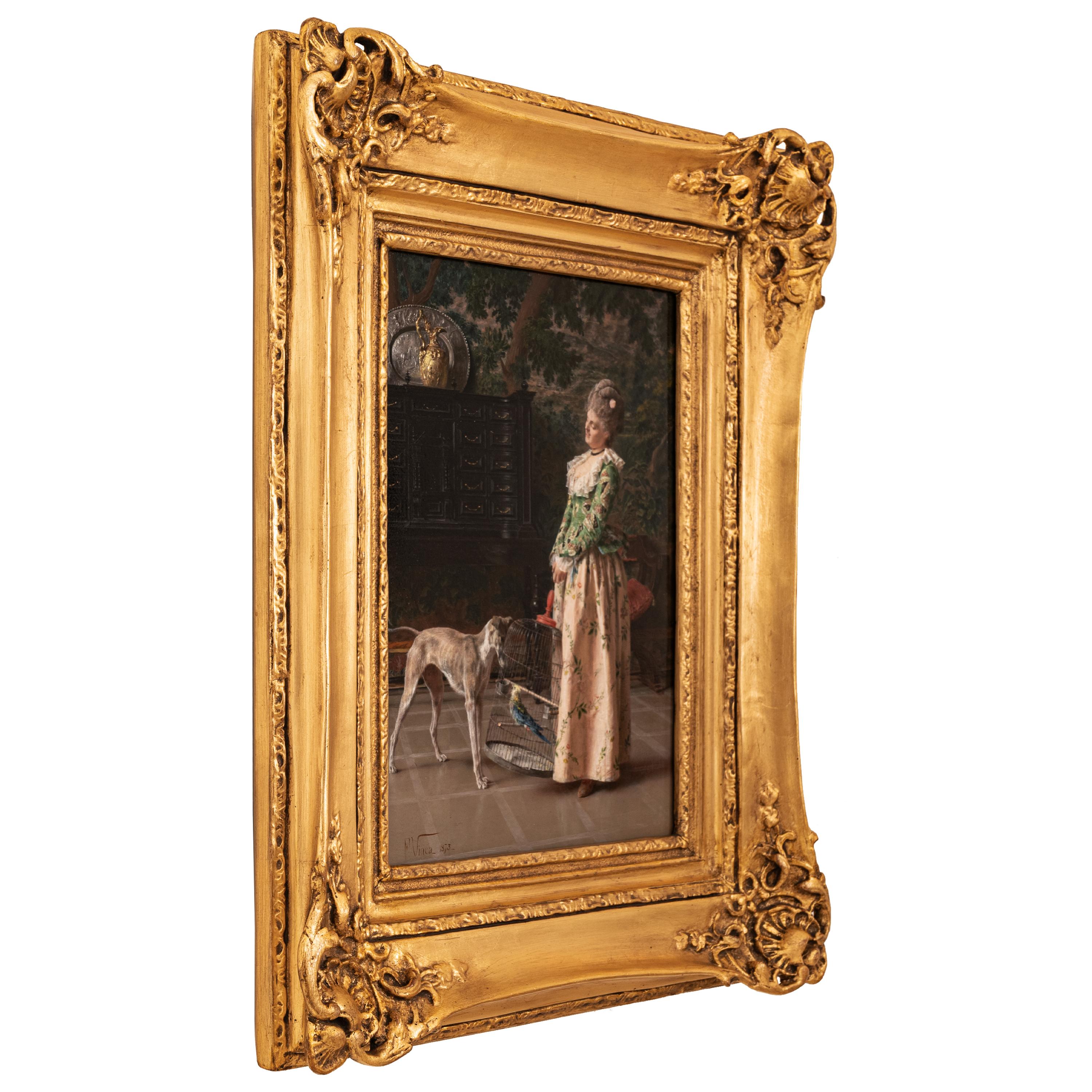 Antico dipinto italiano a olio su pannello in costume di genere Cane e bellezza Franceso Vinea - Figurative Painting Marrone di Francesco Vinea