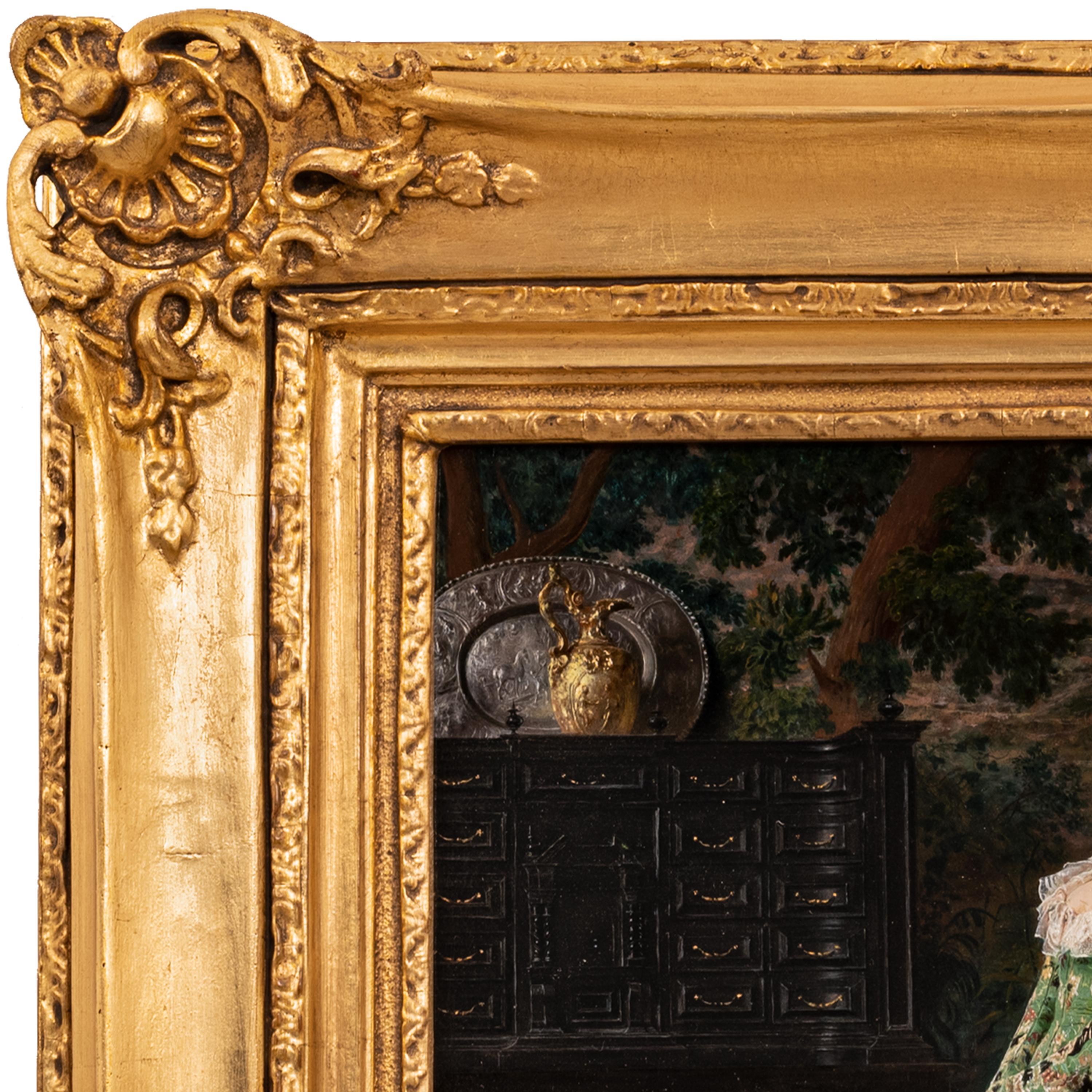 Antique Italian Oil on Panel Painting Costume Genre Dog & Beauty Franceso Vinea For Sale 3