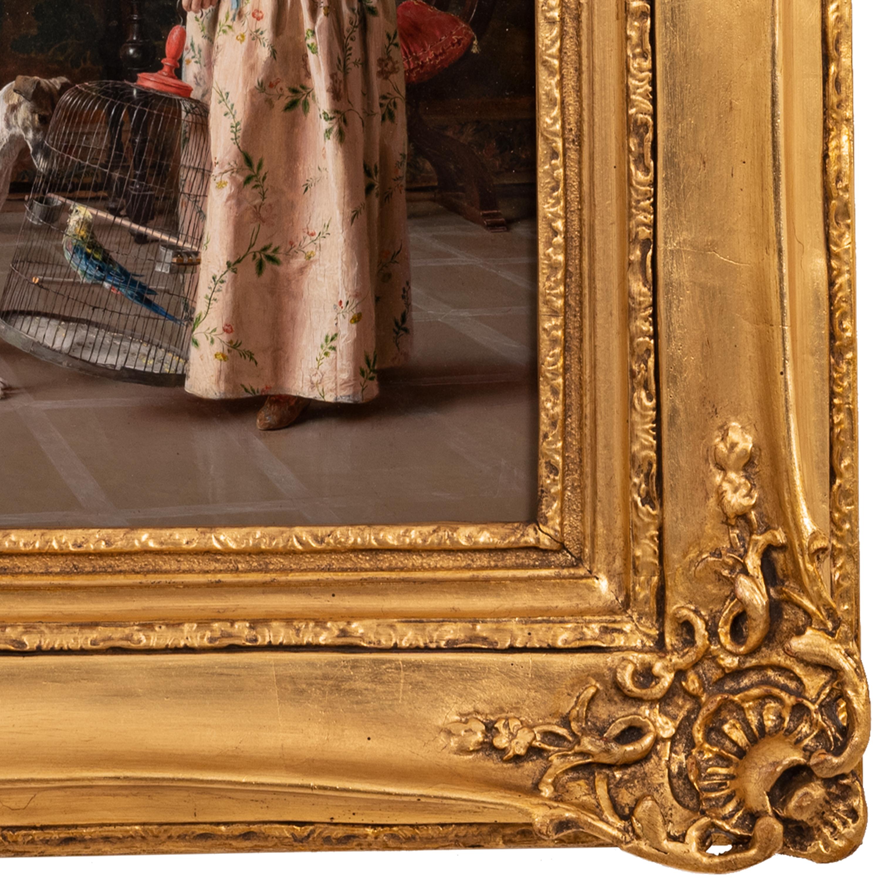 Antique Italian Oil on Panel Painting Costume Genre Dog & Beauty Franceso Vinea For Sale 5