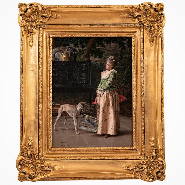 Francesco Vinea Figurative Painting – Antikes italienisches Ölgemälde auf Täfelung, Kostüm, Genre, Hund und Schönheit, Franceso Vinea